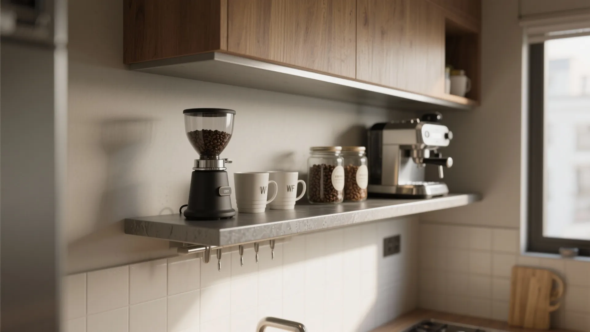 Modern kitchen floating shelf with coffee grinder mugs glass jars and silver espresso coffee machine