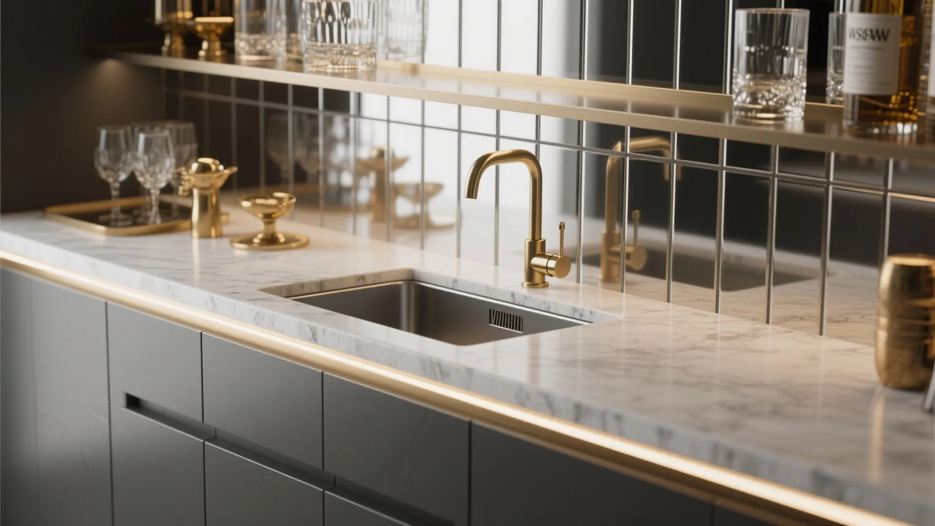 Close up of marble countertop with gold faucet sink glass shelf and black kitchen cabinets