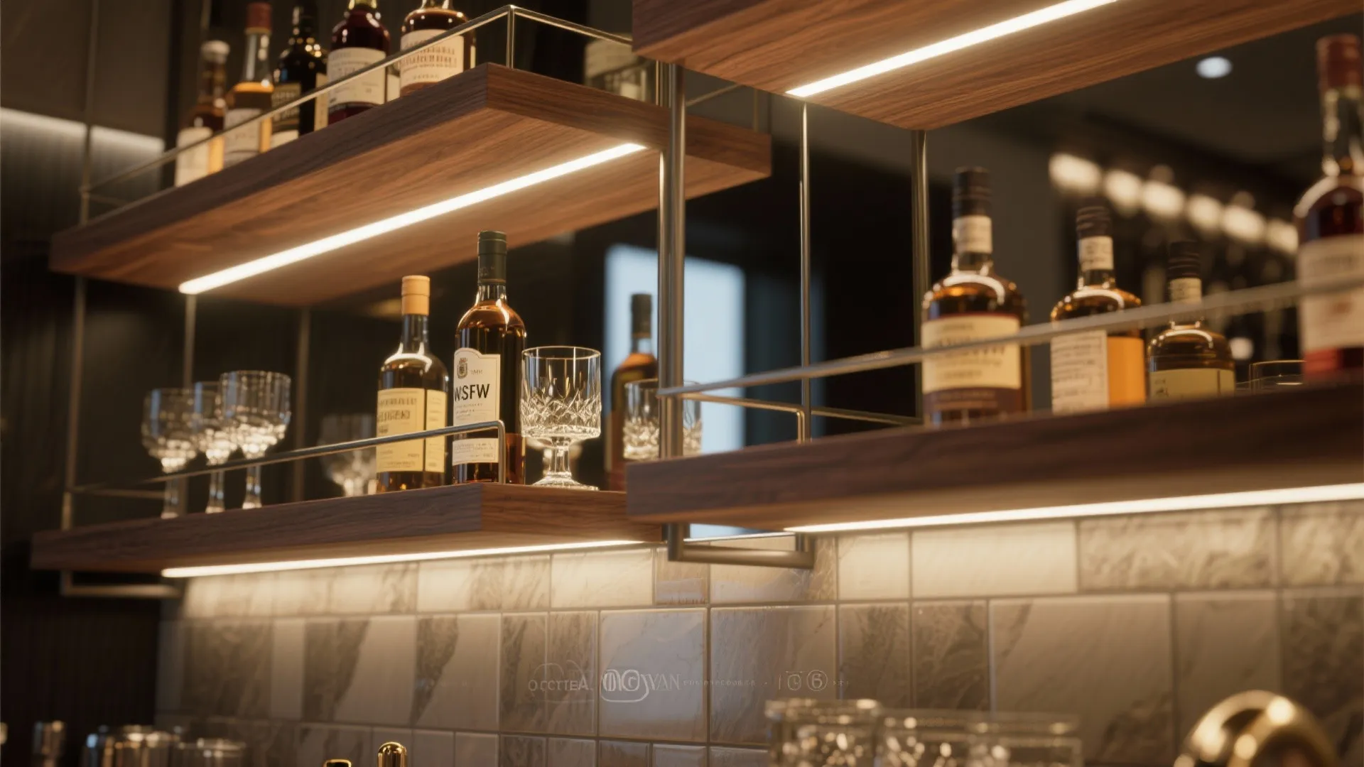 3. Floating shelf bar with mirrored backsplash