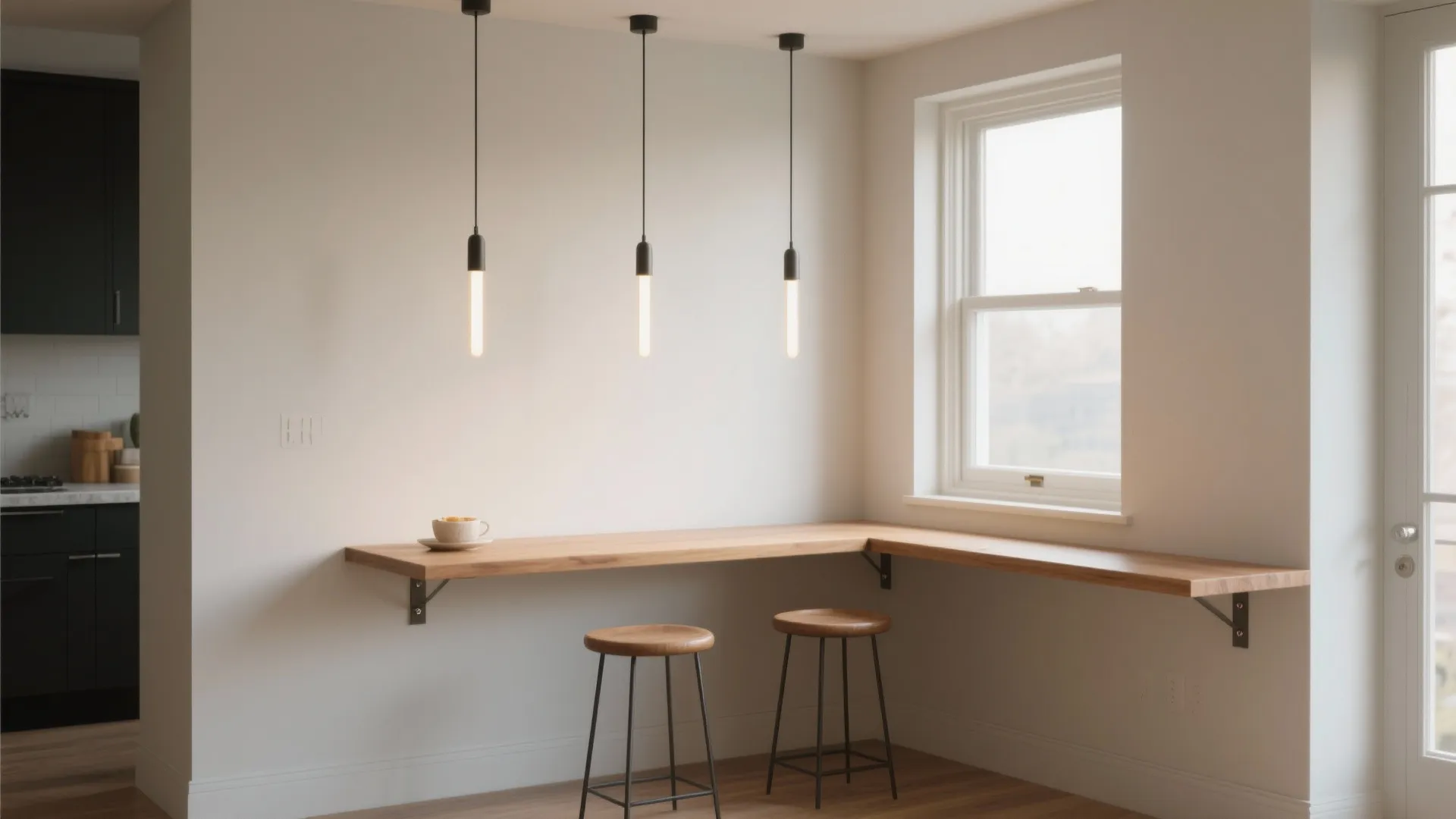5. Floating shelf bar with pendant lights