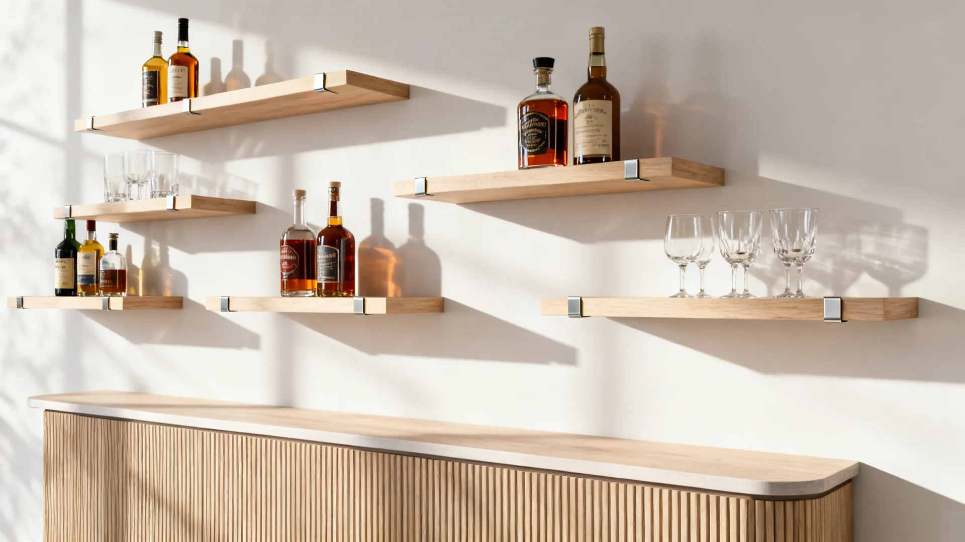 Staggered floating shelves above a narrow console displaying bottles and glassware with small lip rails.