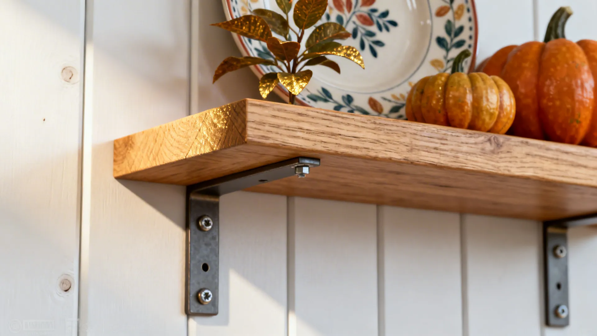 Close-up of a slim floating shelf integrated into board and batten with a plant and plate.