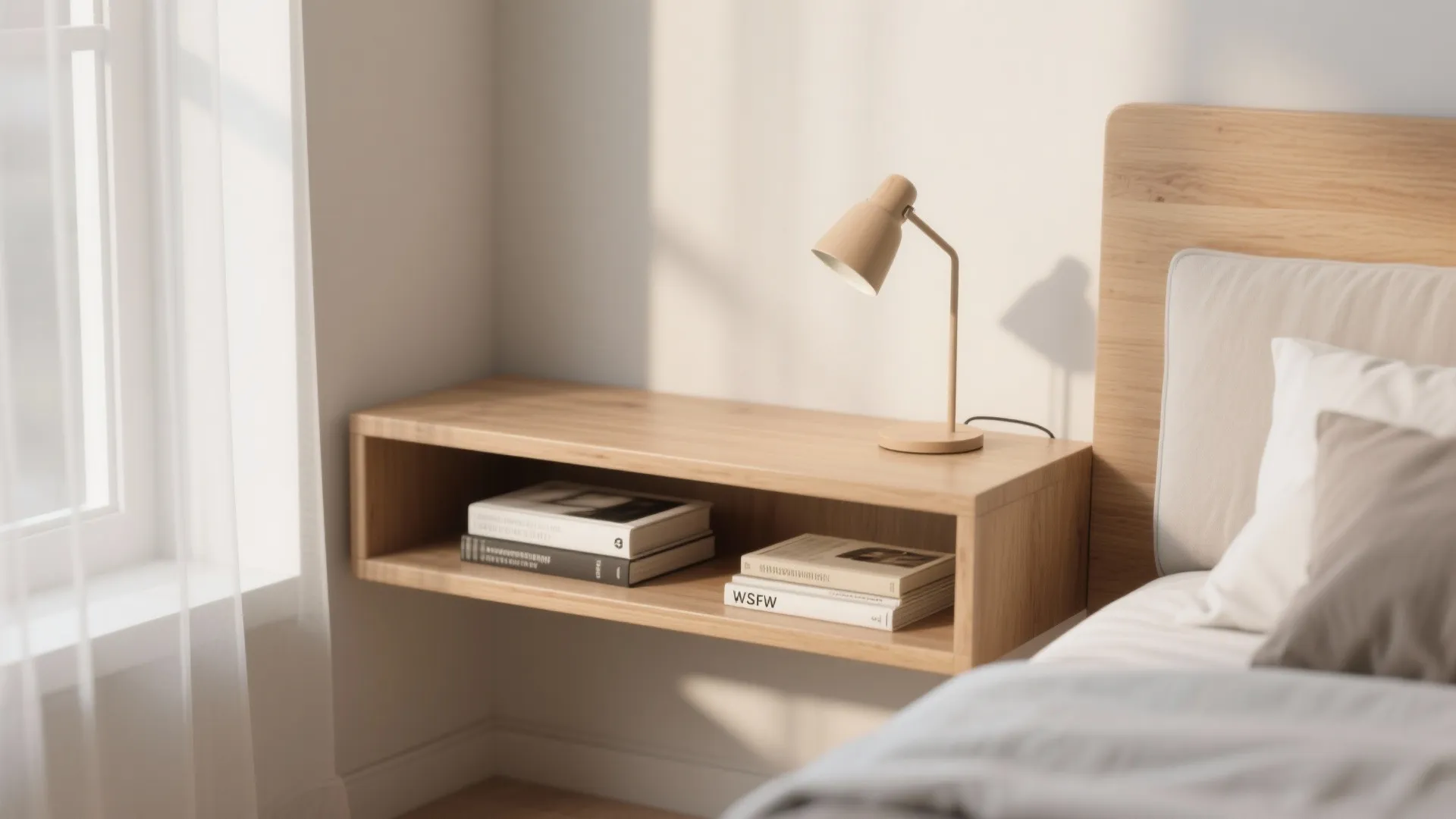 Floating wooden shelf beside bed with lamp and books