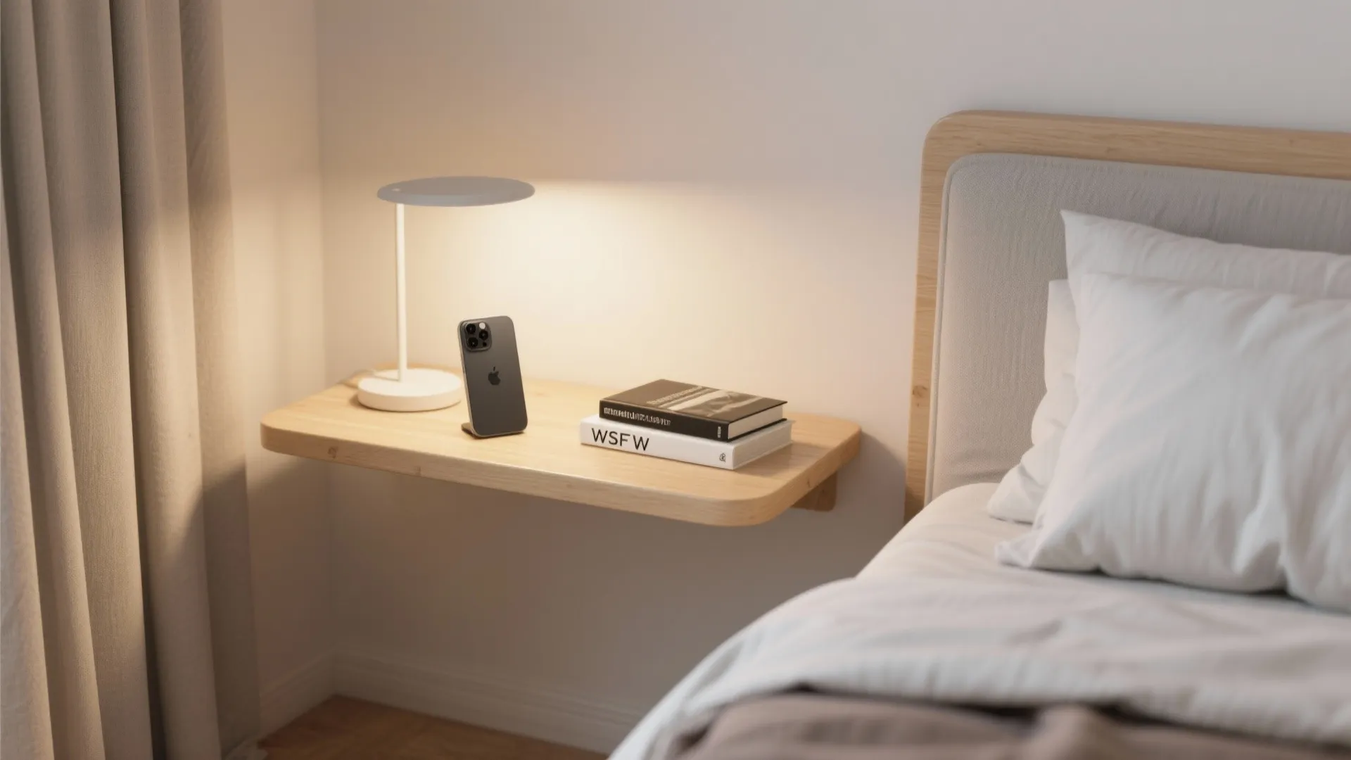 Minimalist wooden floating shelf with a white desk lamp smartphone and books beside a bed
