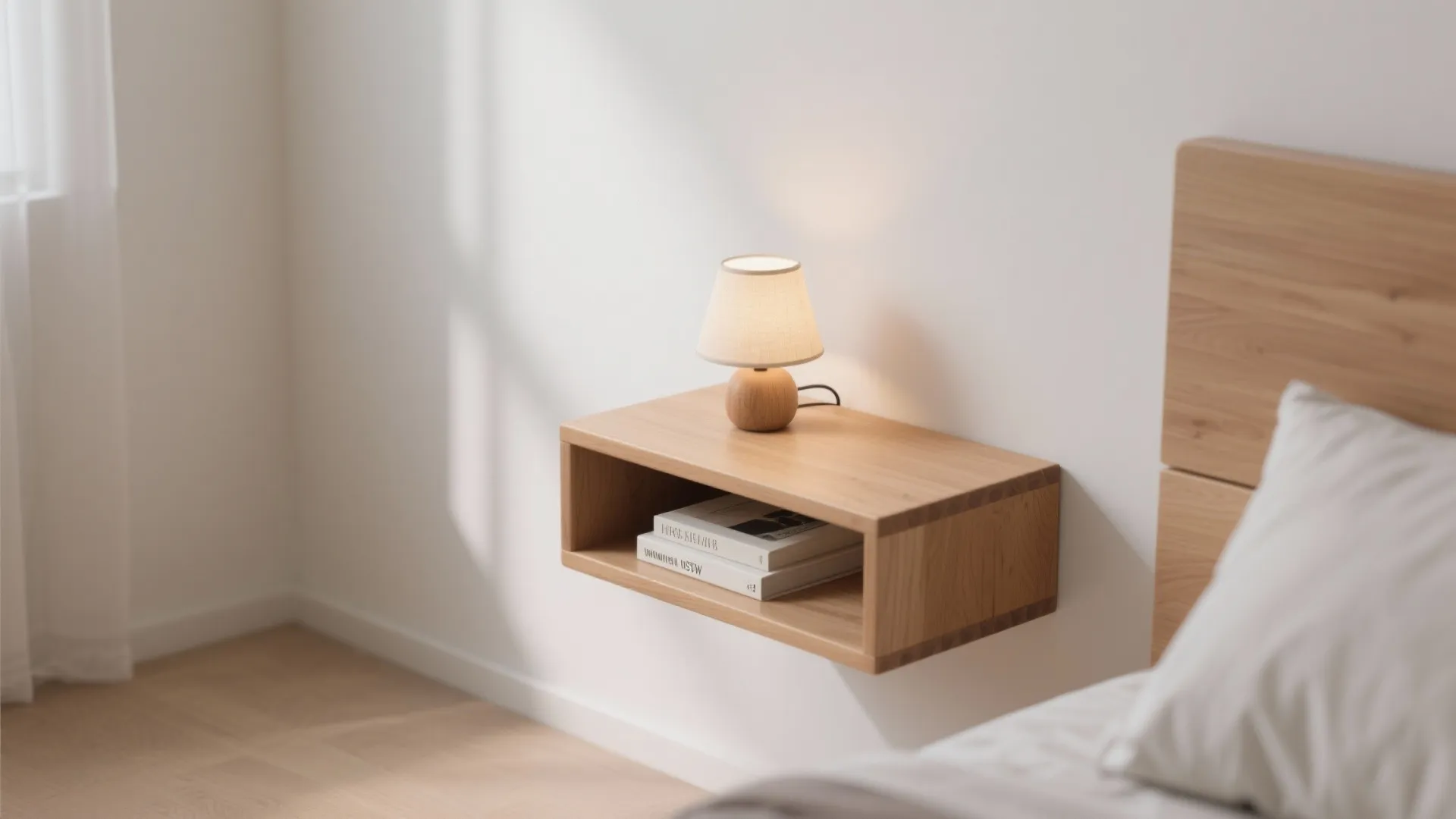 Modern wooden floating bedside shelf with small desk lamp and books against a white wall