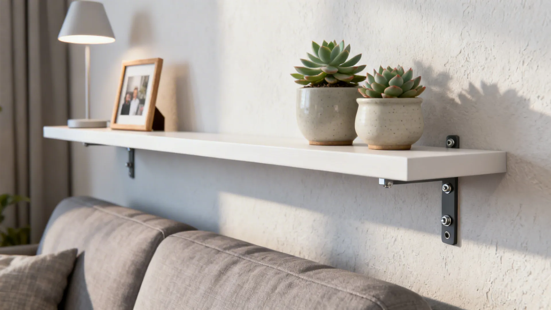 Floating shelf behind a sofa with low-profile lamp and plants, mounted level on the wall.