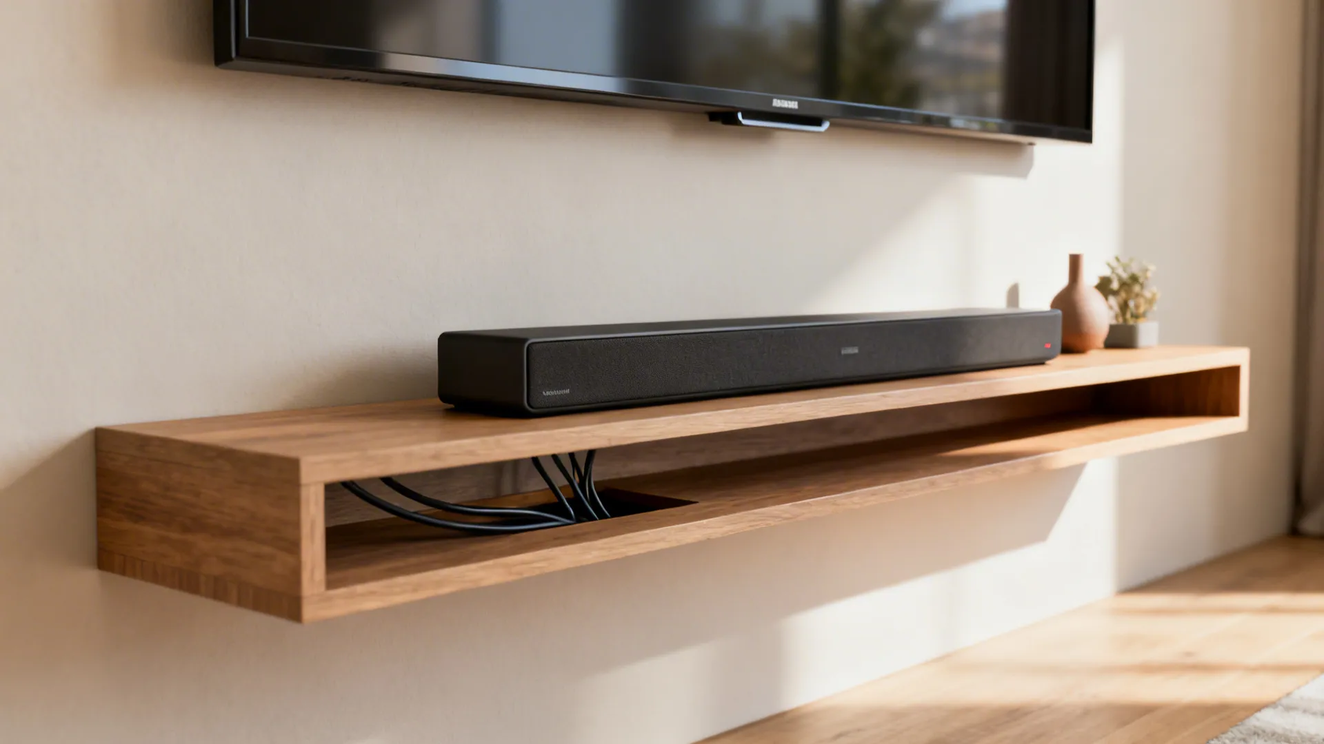 Slim floating shelf under a wall-mounted TV with concealed cables and soundbar