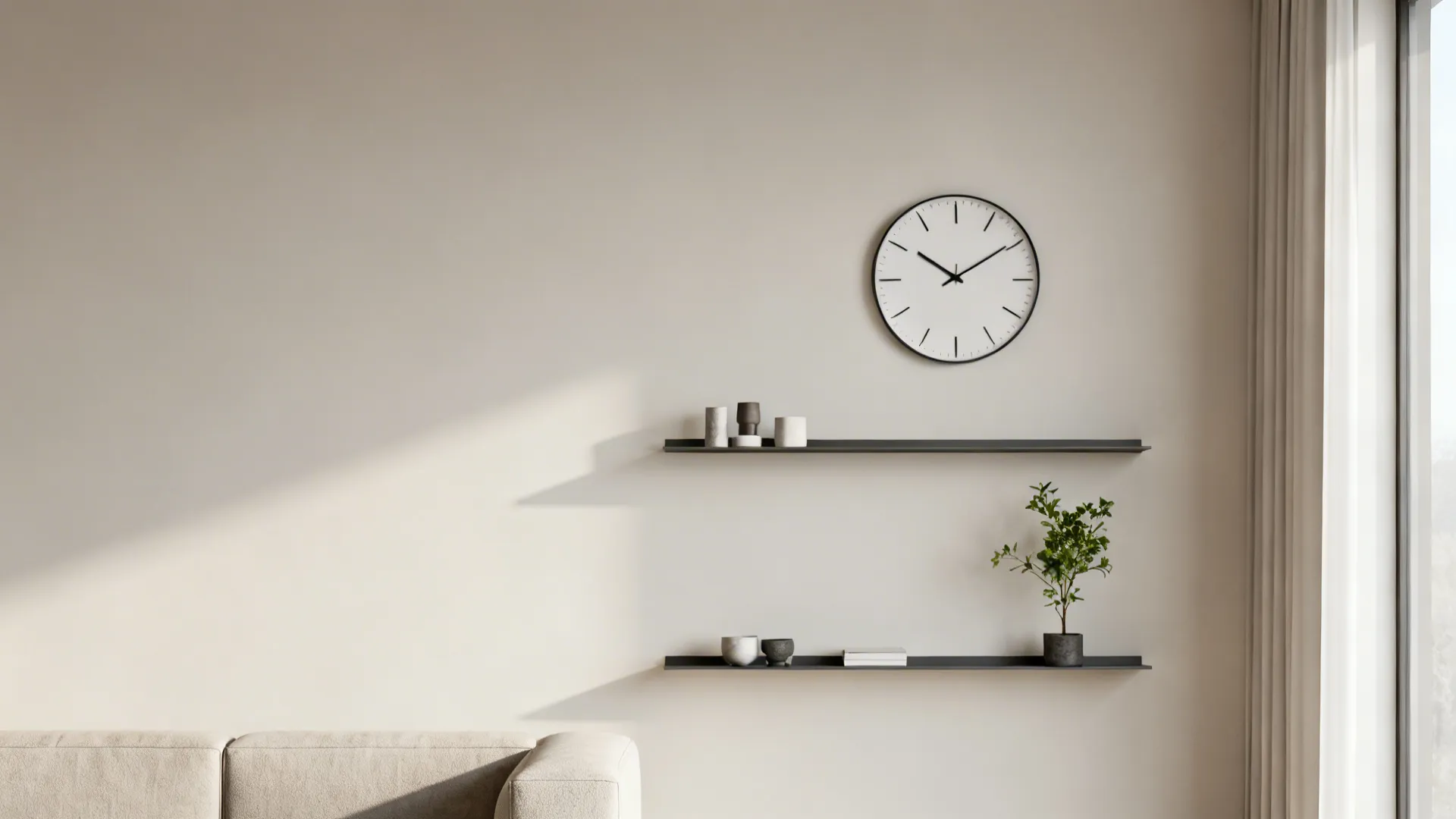 Minimalist wall with round clock black wall shelves small plant and sofa in natural light
