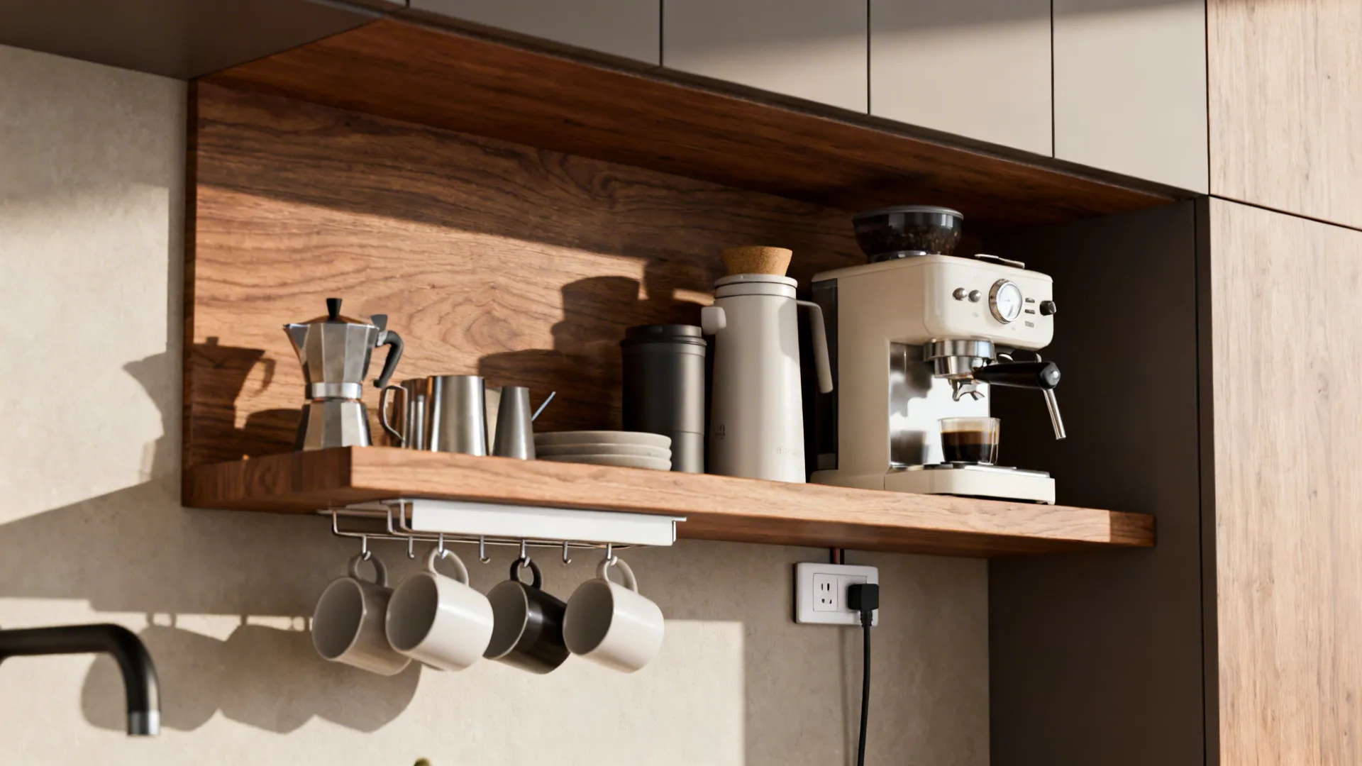 Close-up of a floating shelf coffee station with magnetic cup rack and compact espresso machine.
