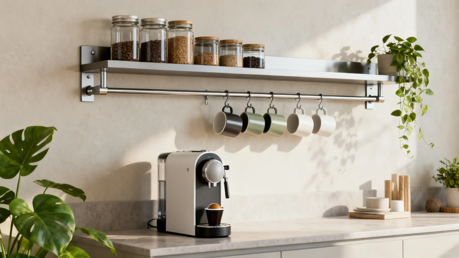 Floating shelf coffee station with magnetic jars and rail hooks above a slim counter