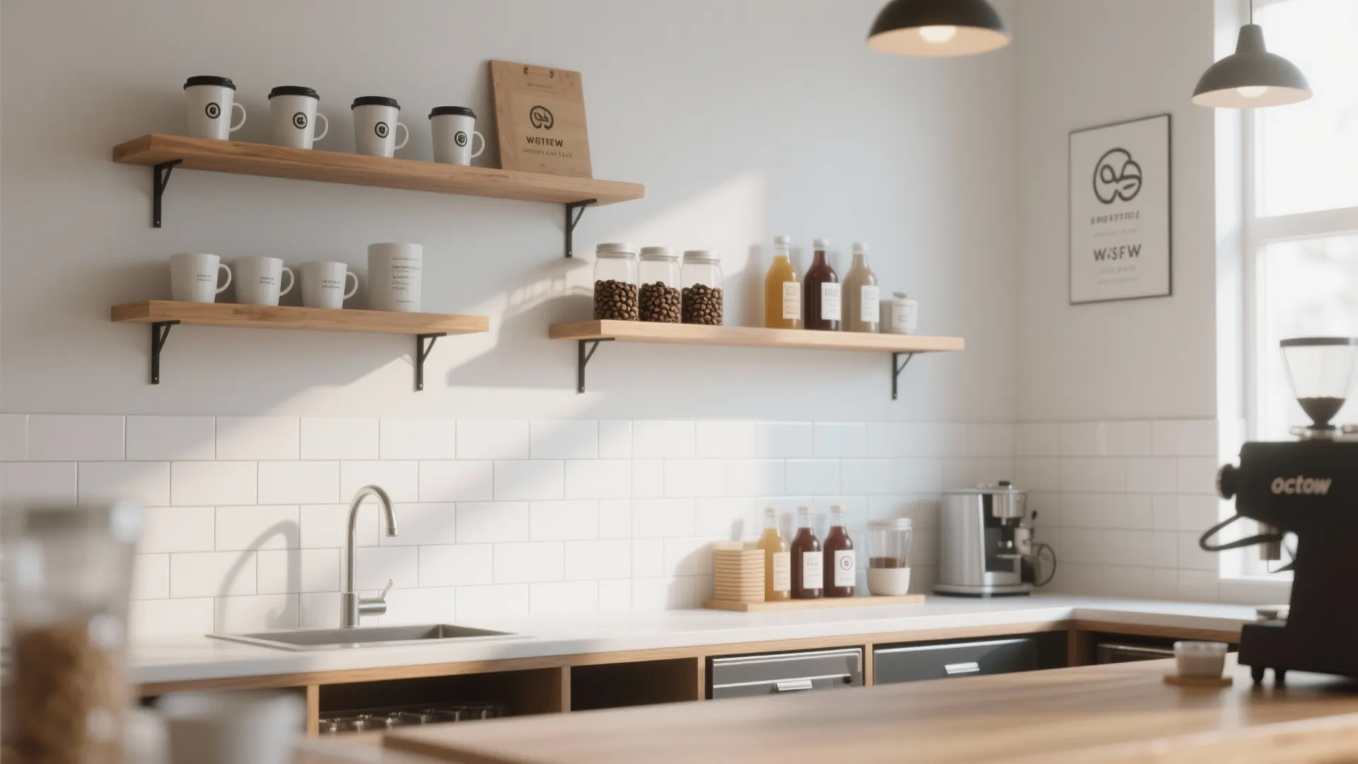 Bright white kitchen with wooden floating shelves displaying coffee mugs above a clean white counter