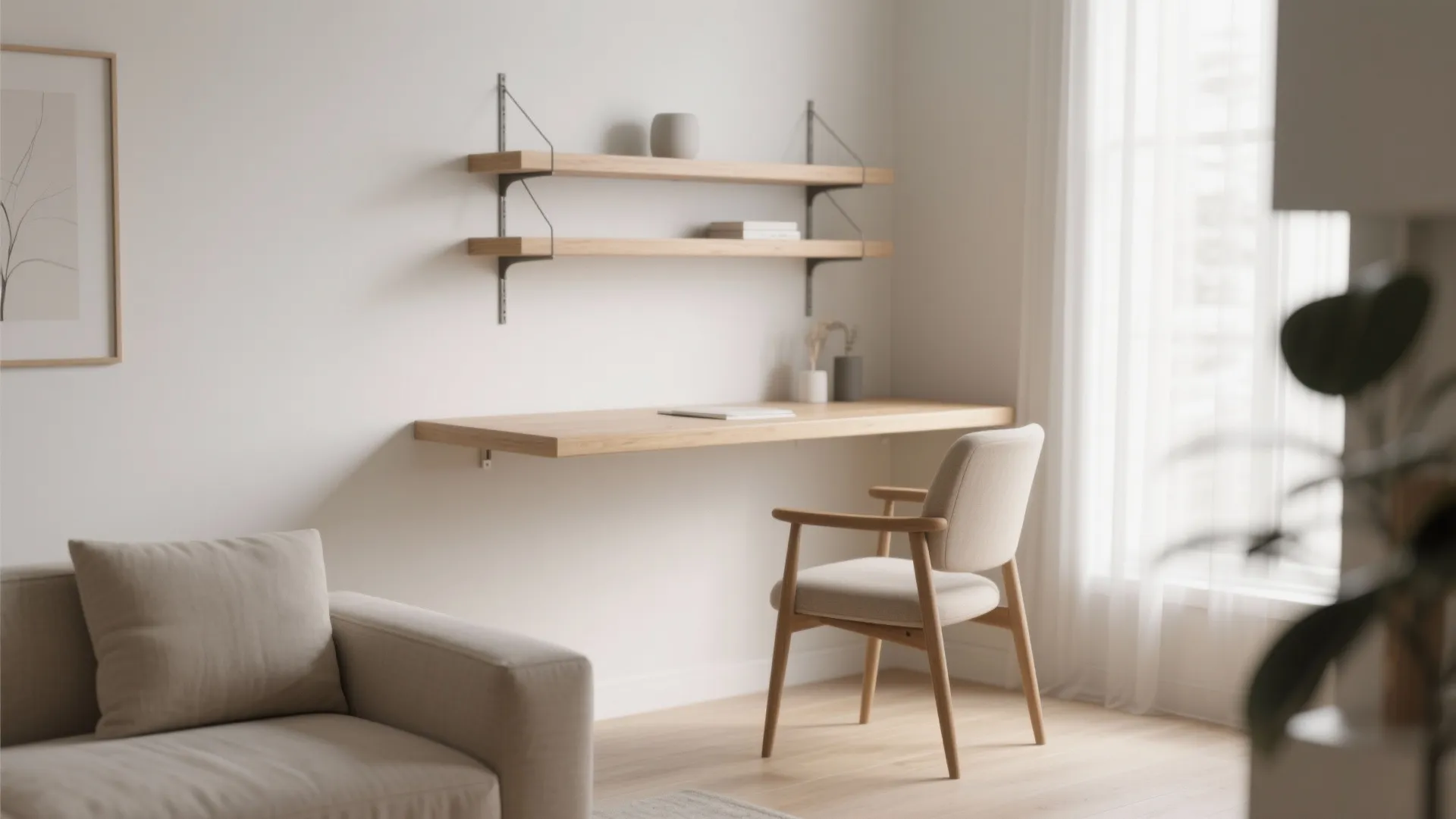 Minimalist home office with floating wooden desk chair wall shelves and sofa in neutral tones