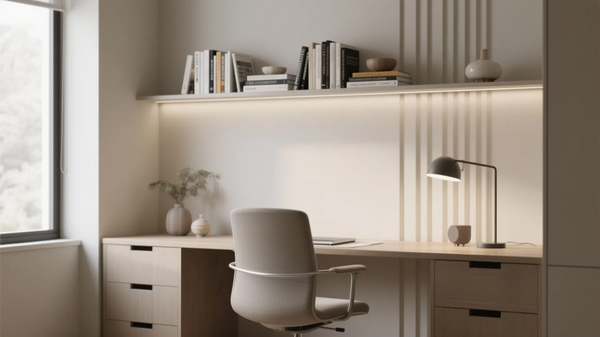 Modern home office with wooden desk grey chair wall shelf and warm desk lamp lighting
