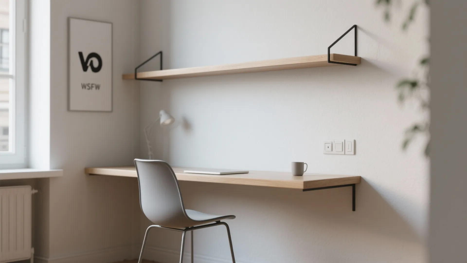 Minimalist workspace featuring a long floating wooden shelf above a matching wooden desk and chair