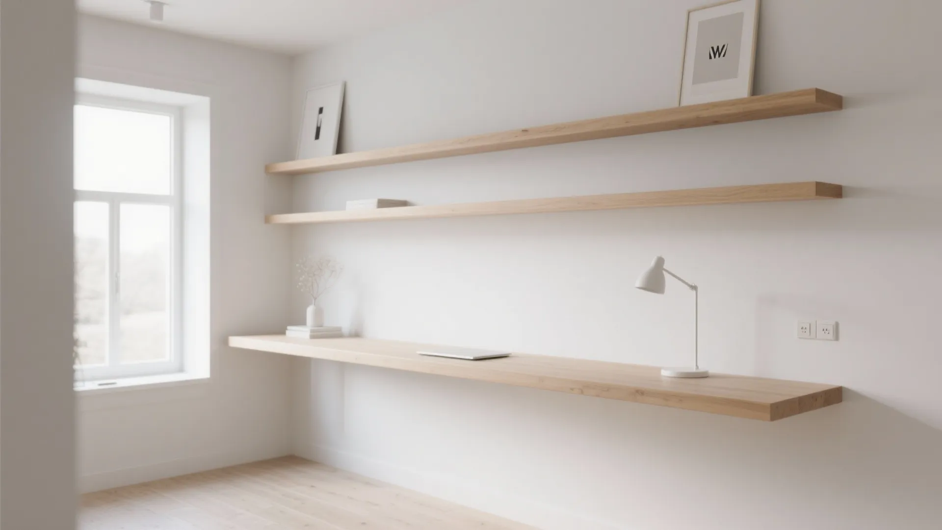 Minimalist home office with long wooden wall mounted desk and matching wooden floating wall shelves