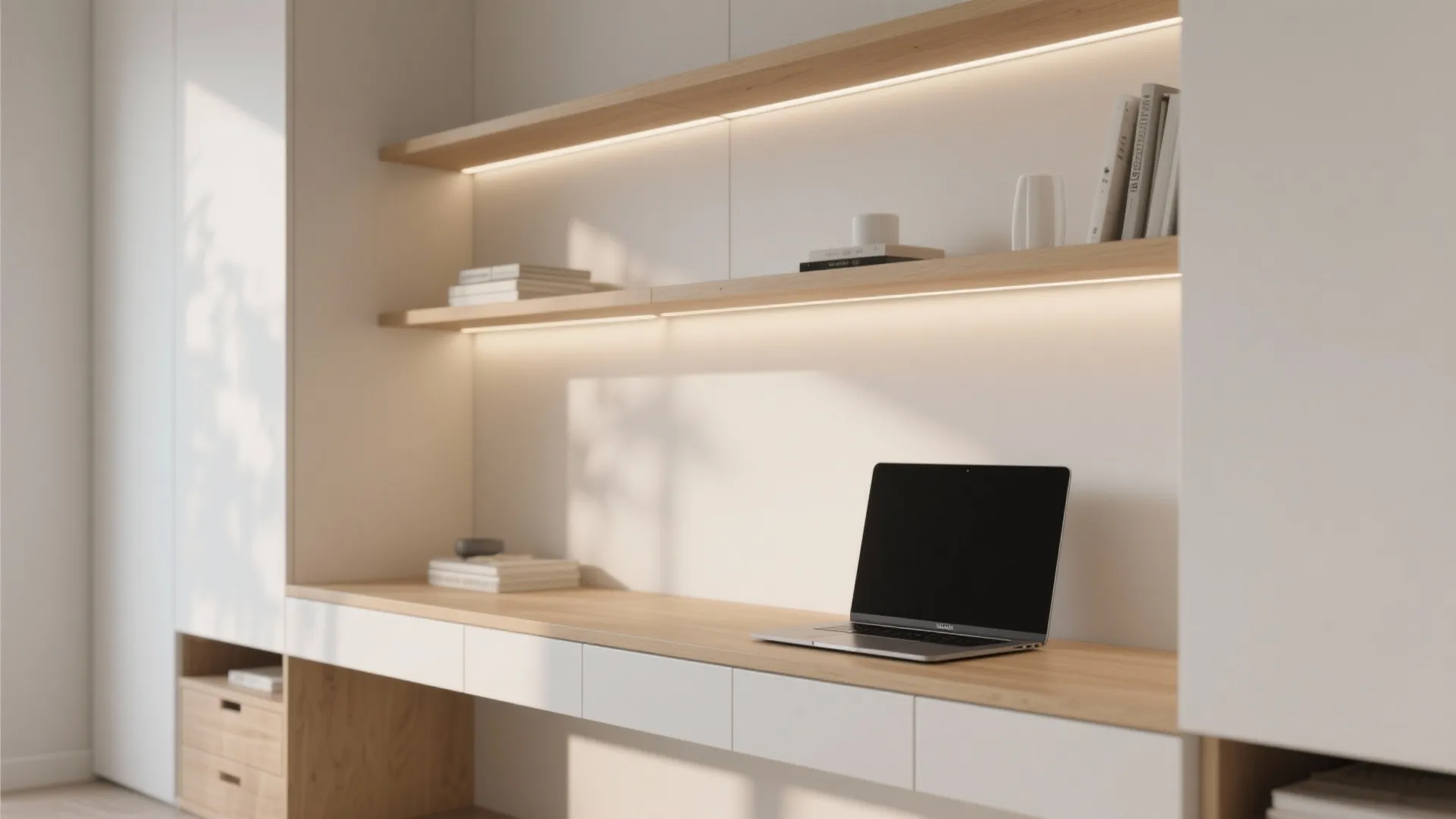 3. Floating shelf desk with storage above