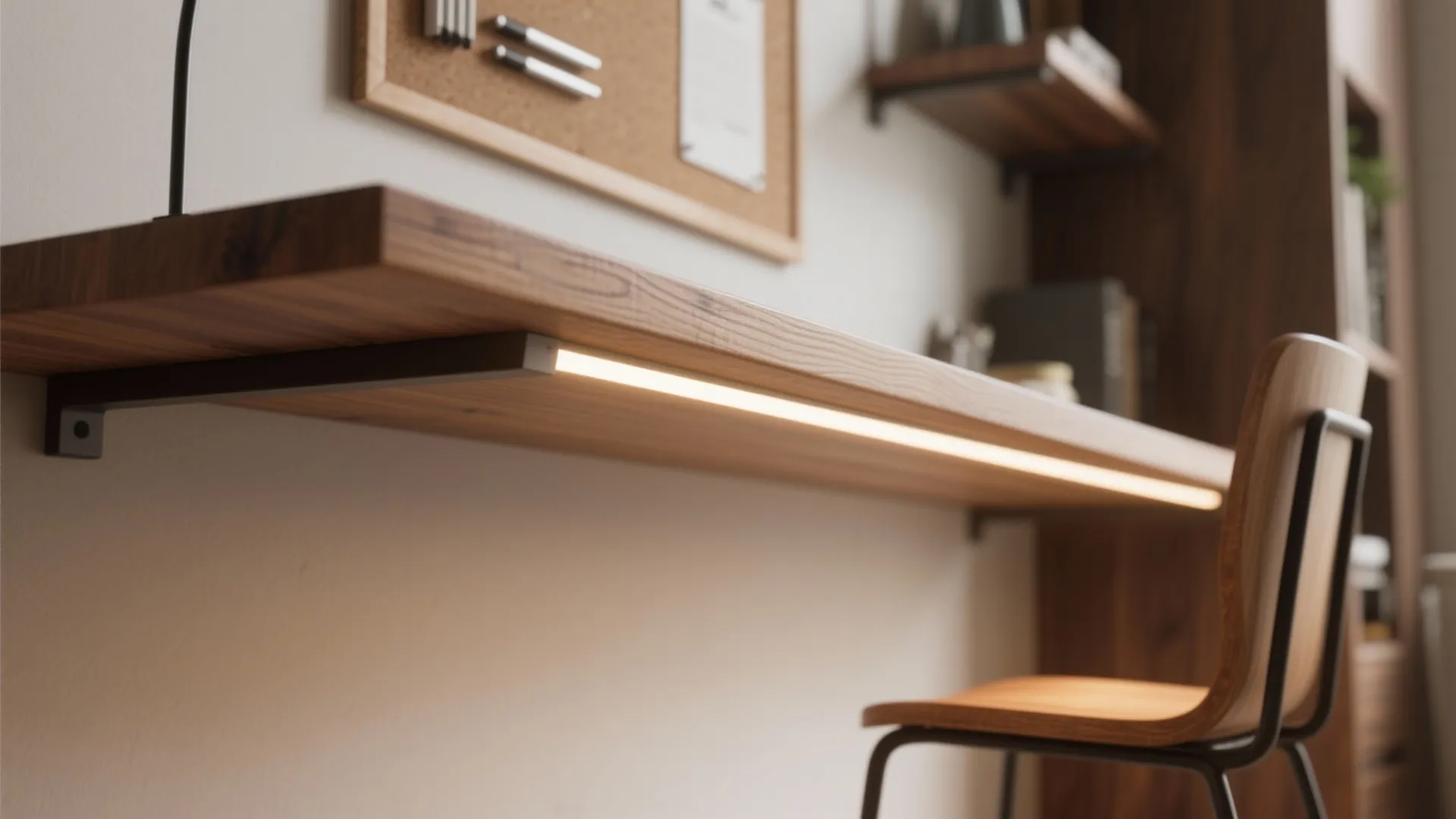 Wooden floating desk with integrated light fixture and a wooden chair in a modern room