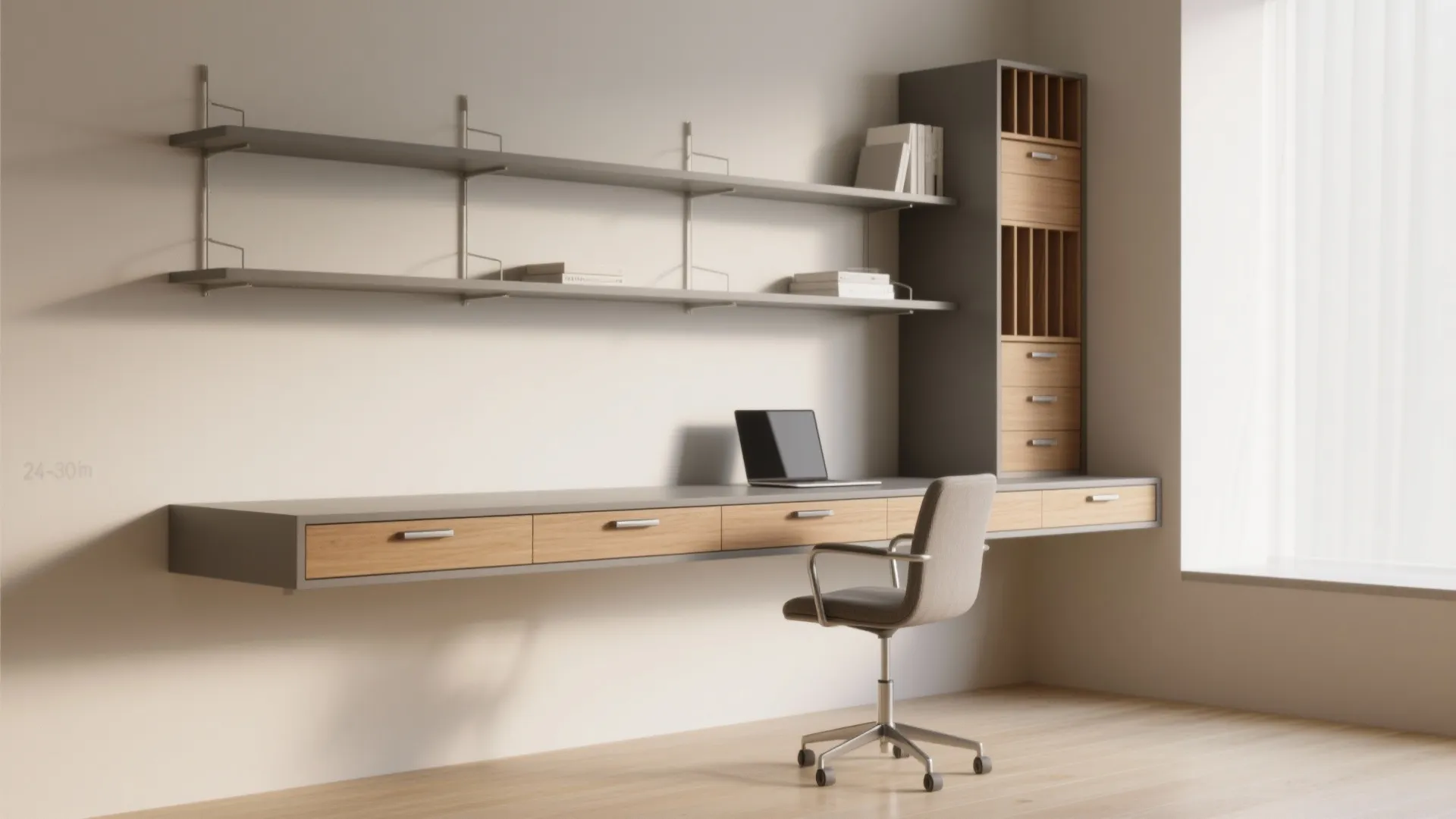 Minimalist study area with long floating desk, wooden drawers, grey office chair, and wall shelves