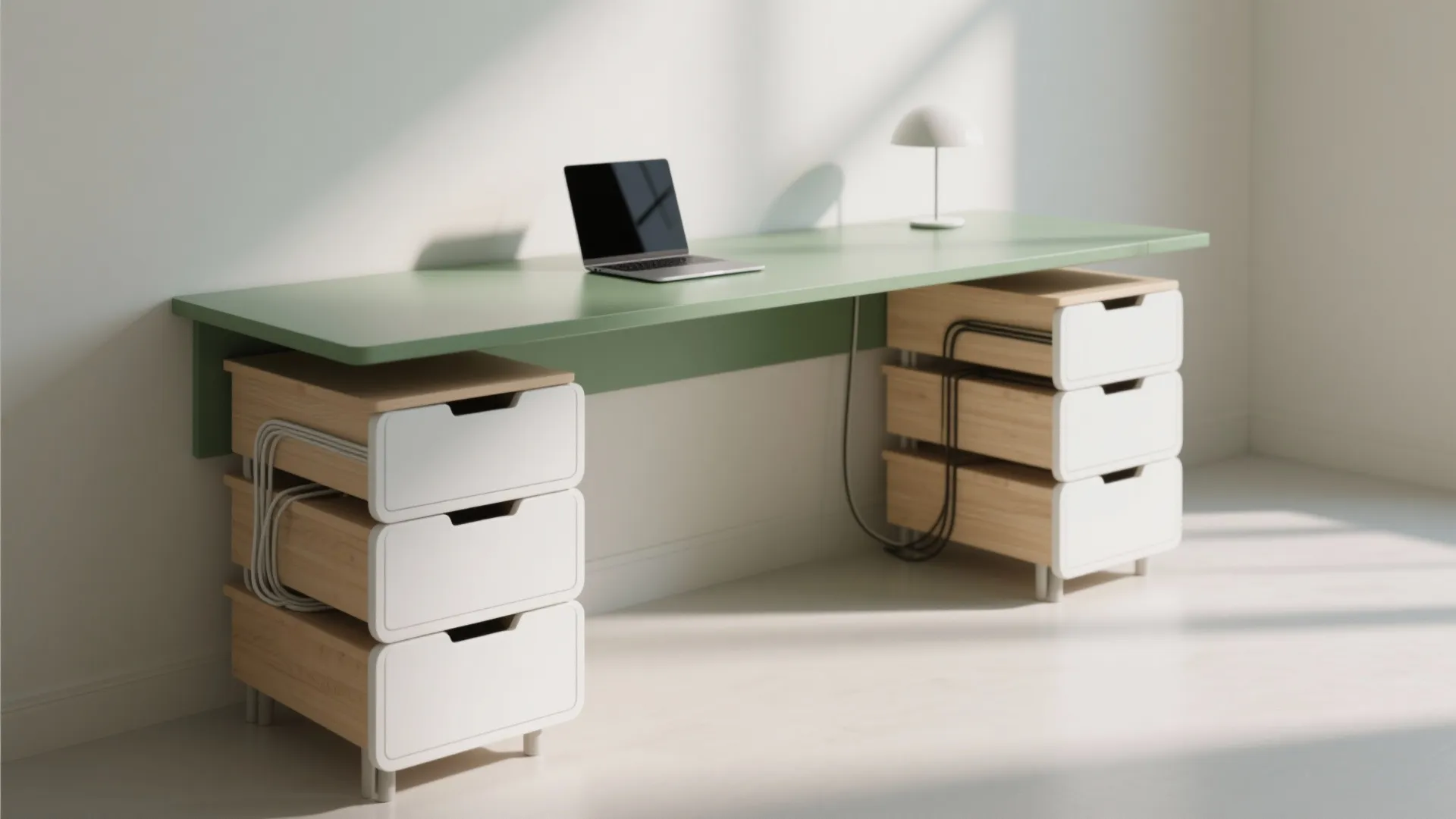 Modern green wall desk with white wood storage drawers and a laptop under soft sunlight