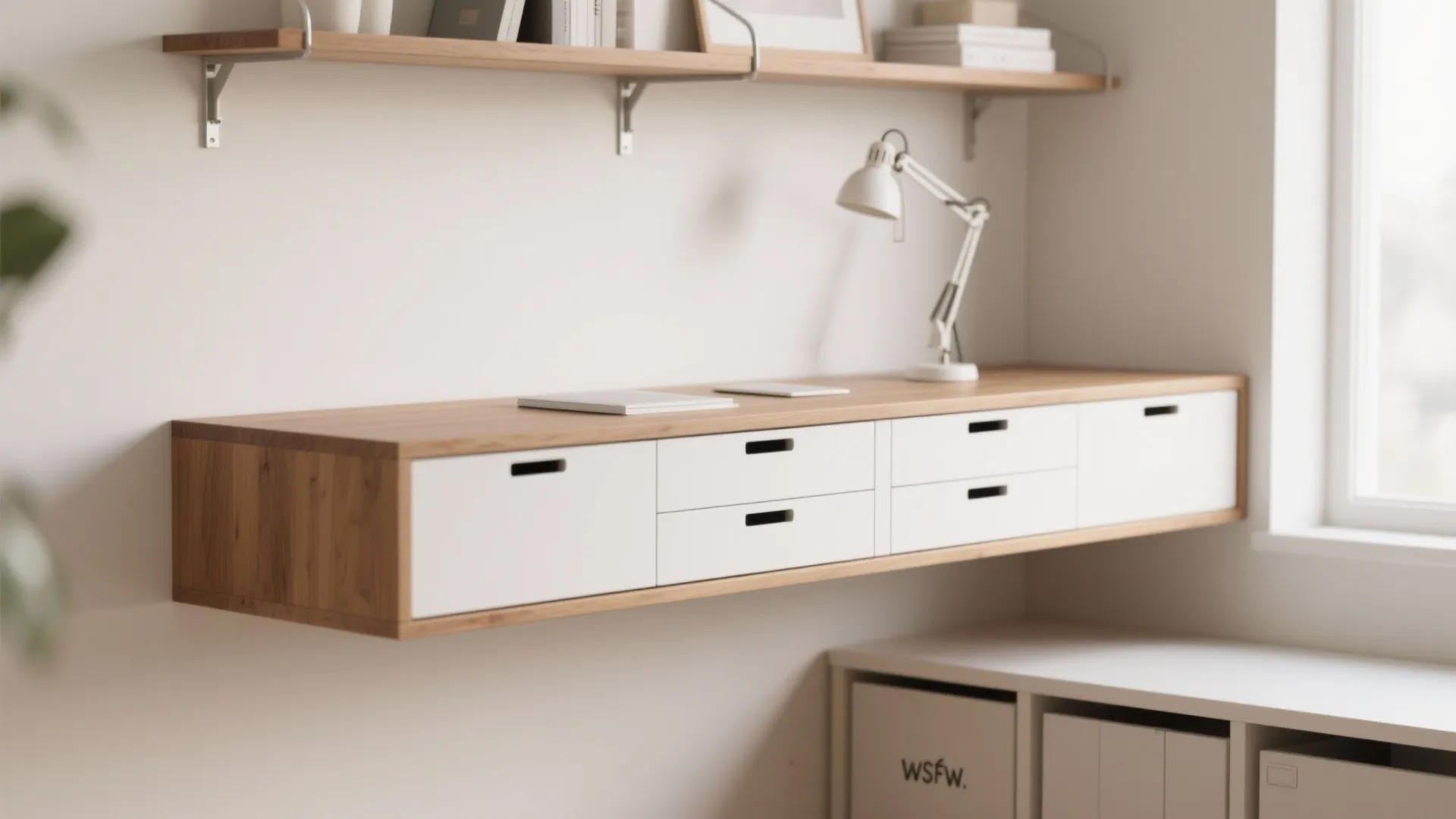 2. Floating shelf desk with drawer modules