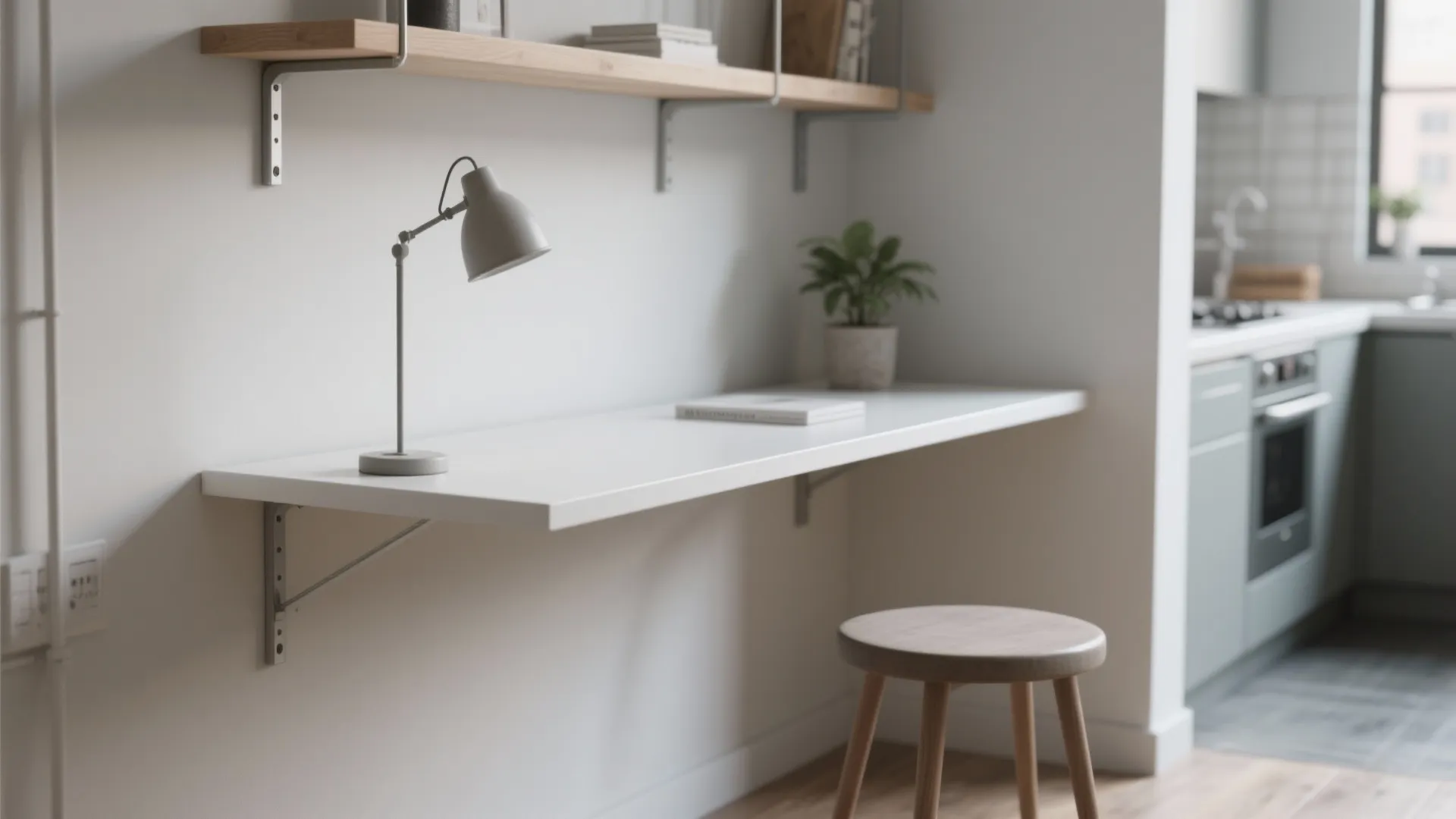 3. Floating shelf desk with a stool (urban minimalist)