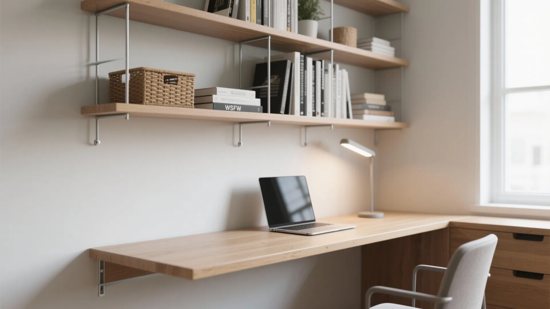 2. Floating shelf desk with vertical storage
