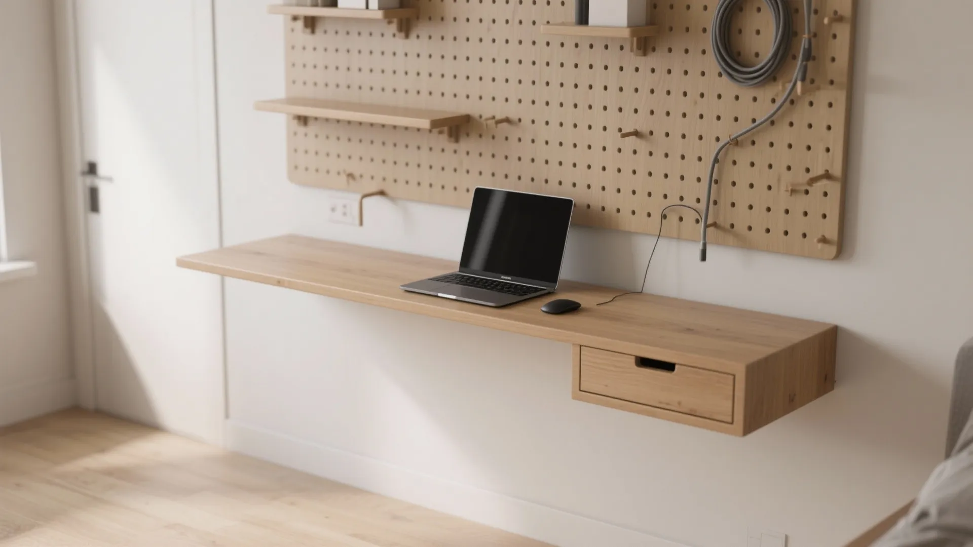 2. Floating shelf desk with hidden storage