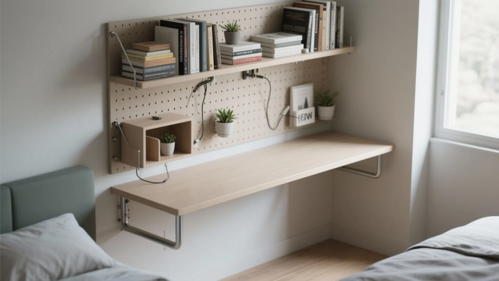 2. Narrow floating shelf desk with storage above