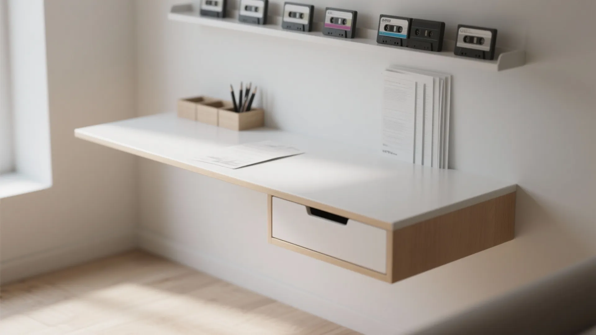 Modern white floating wall desk with a wooden drawer and black pens on the top