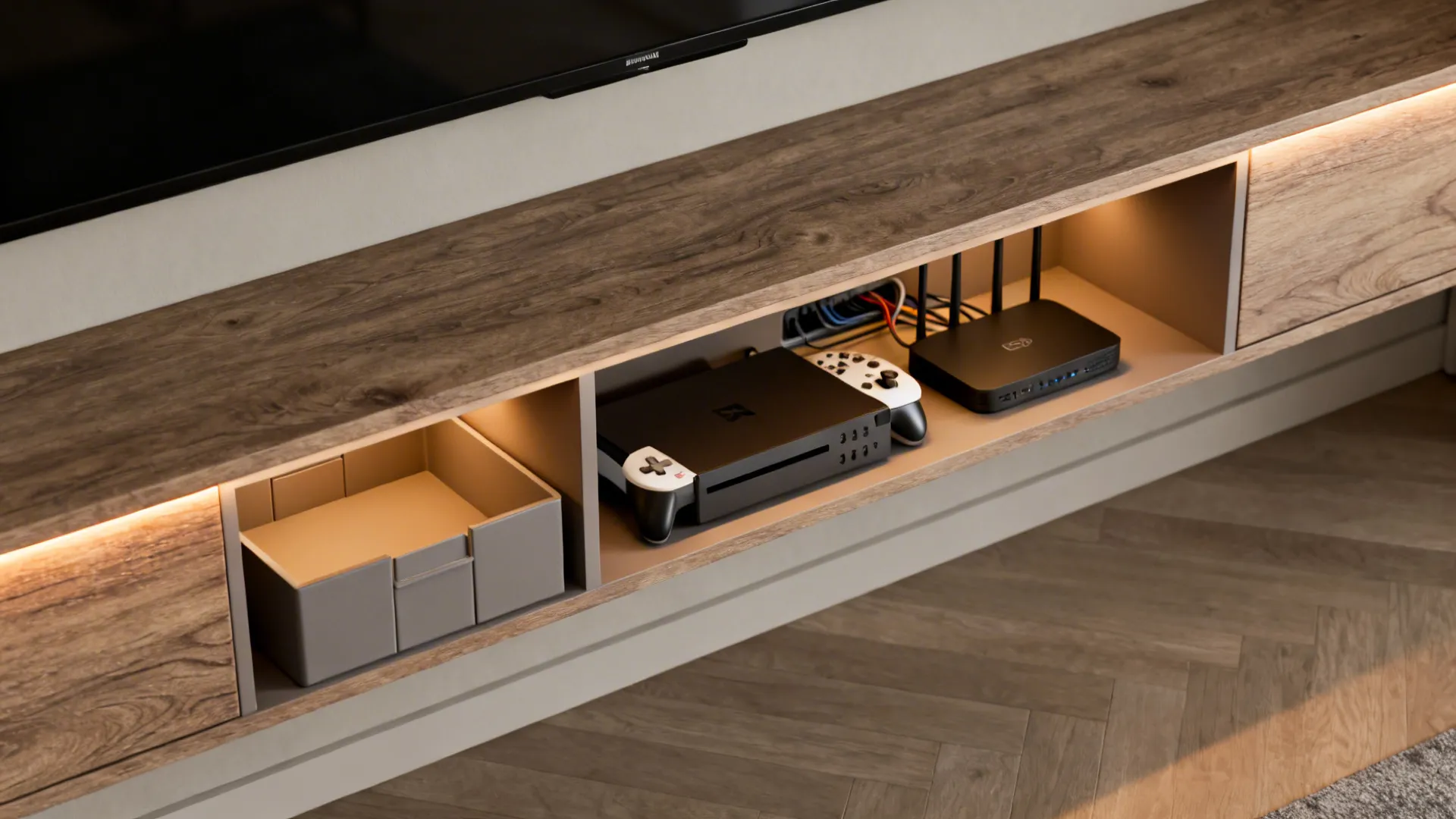 1. Floating media shelf with hidden storage