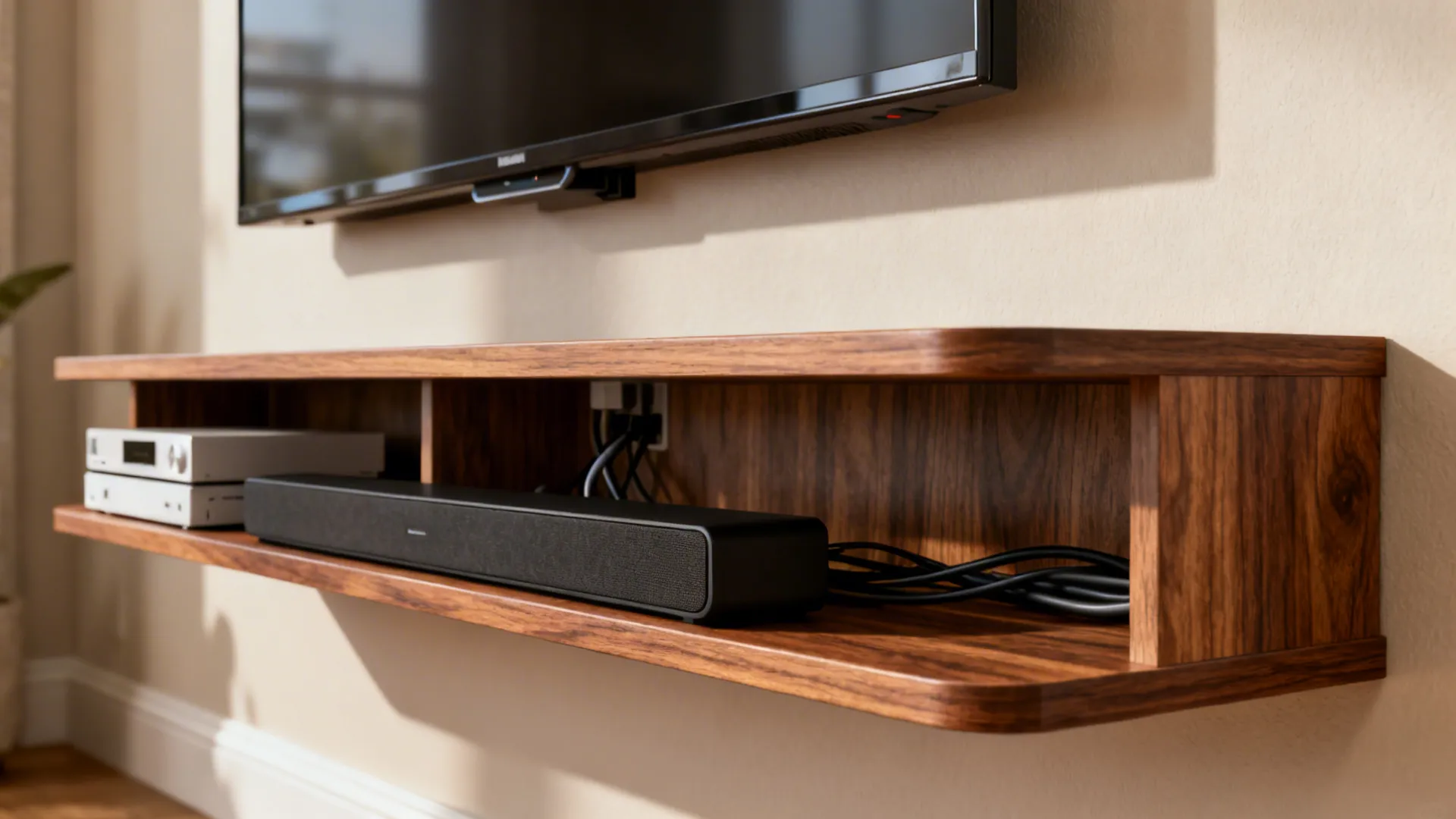 Close-up of a floating media shelf and soundbar mounted under a corner TV with tidy cable routing.