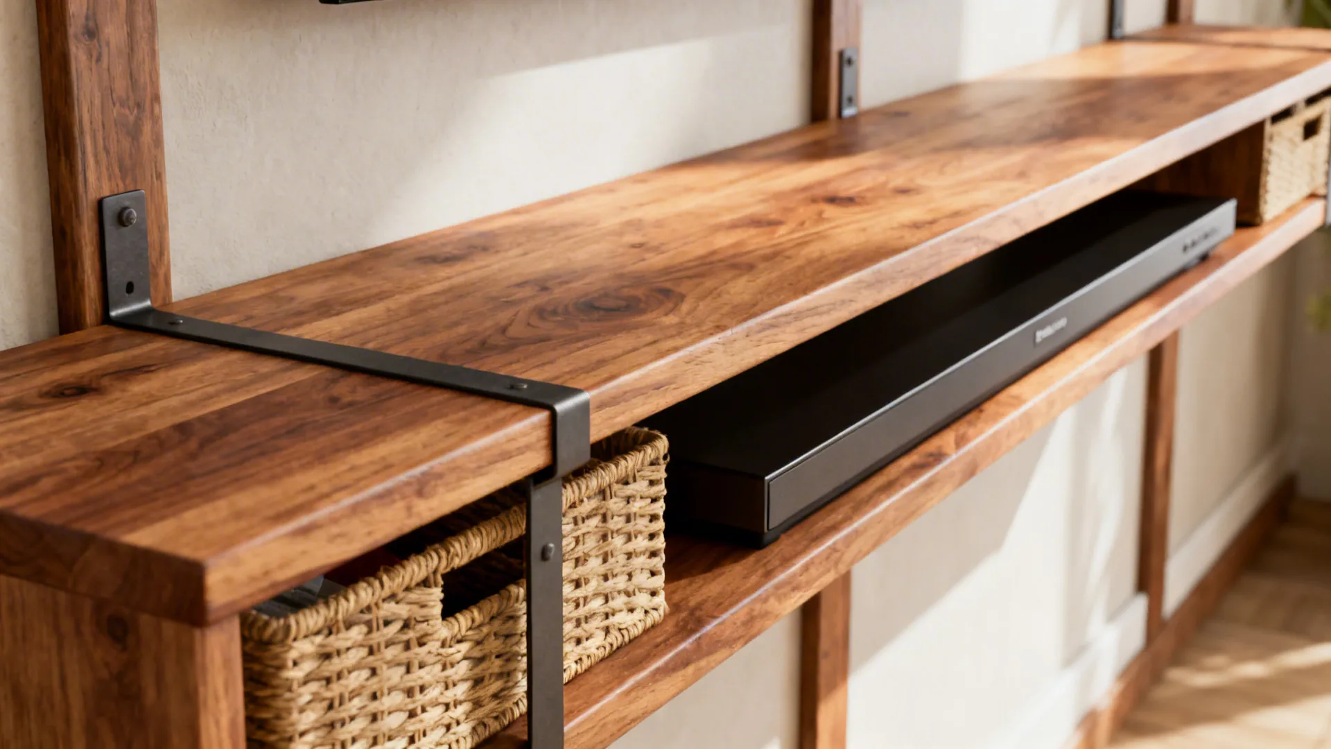 Close-up of a reinforced floating shelf with woven baskets and wood grain texture.