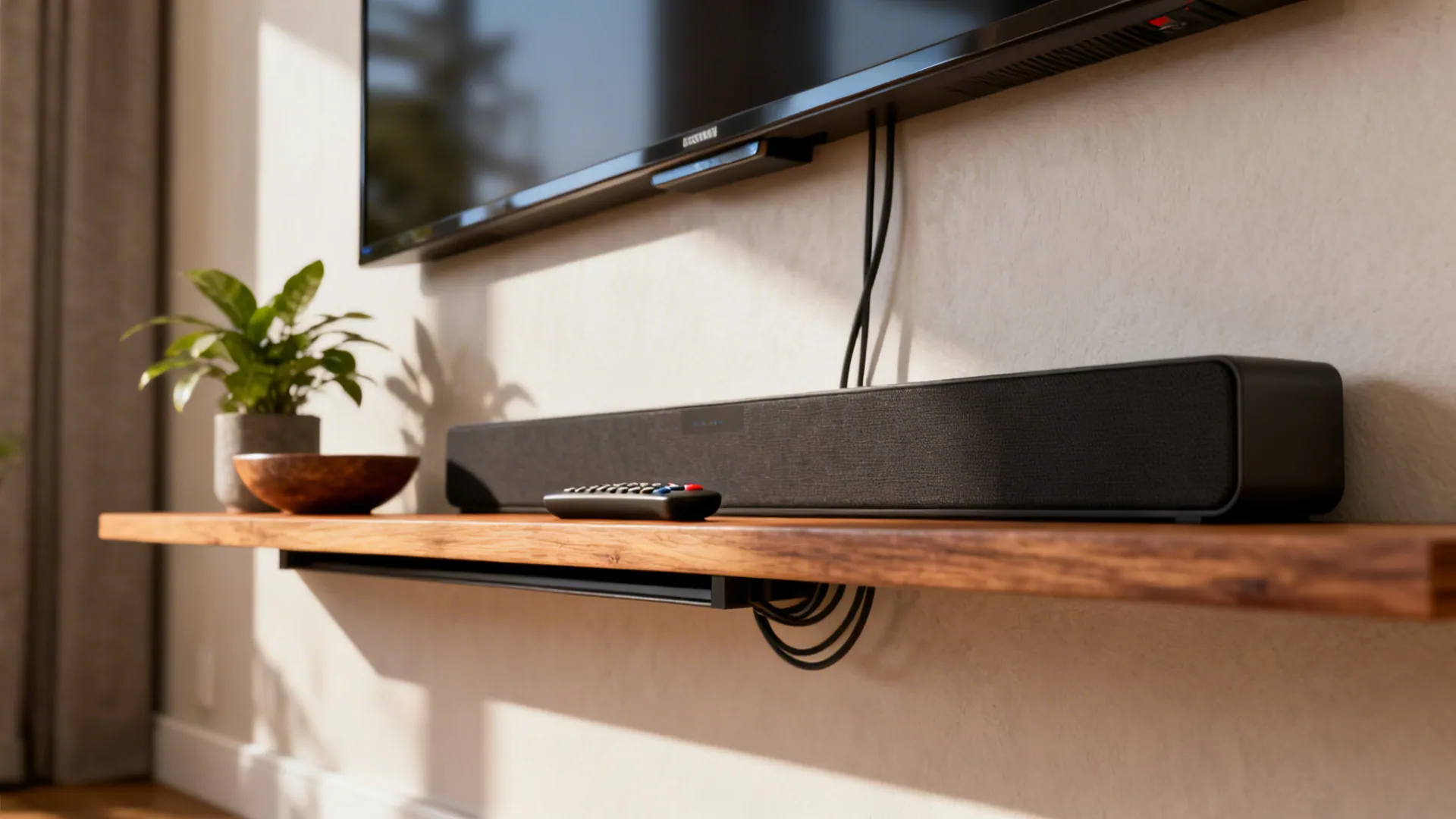 Thin floating media shelf under a wall-mounted TV with concealed cables and a small plant