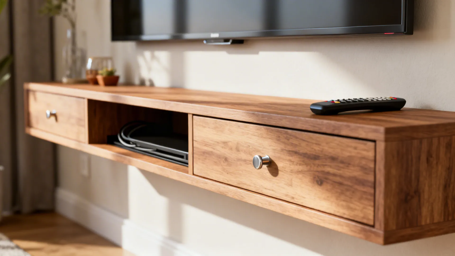 Close-up of a floating TV shelf with concealed cable channel and matte wood finish.