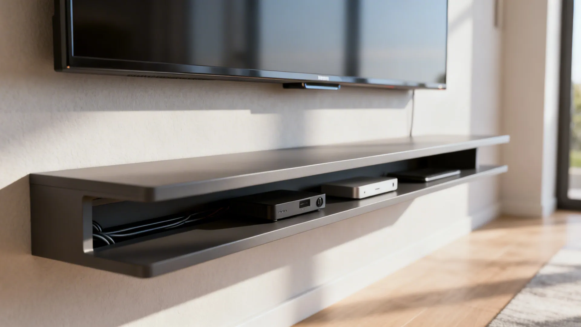 Floating shelf under TV with concealed cable channel and neat media components