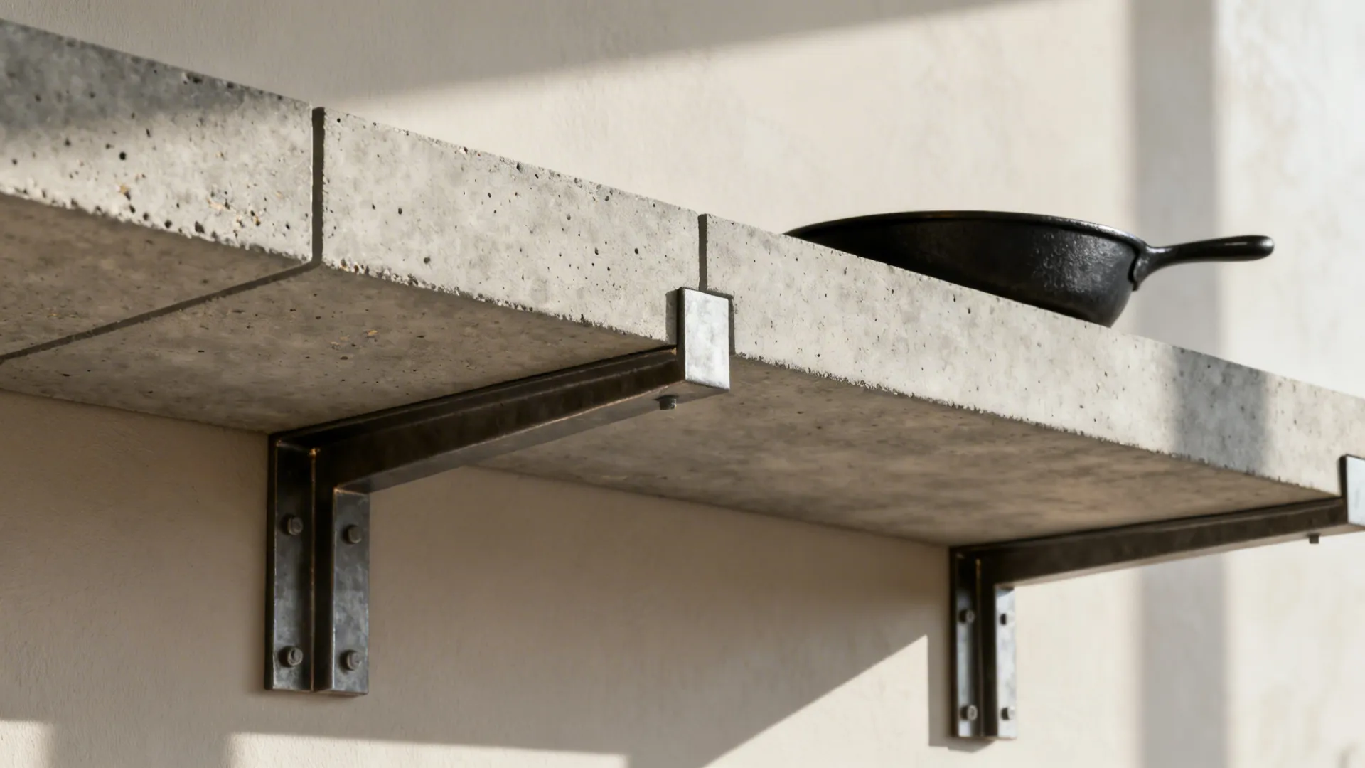 Macro view of a floating concrete shelf with precise bracket alignment and smooth wall interface.