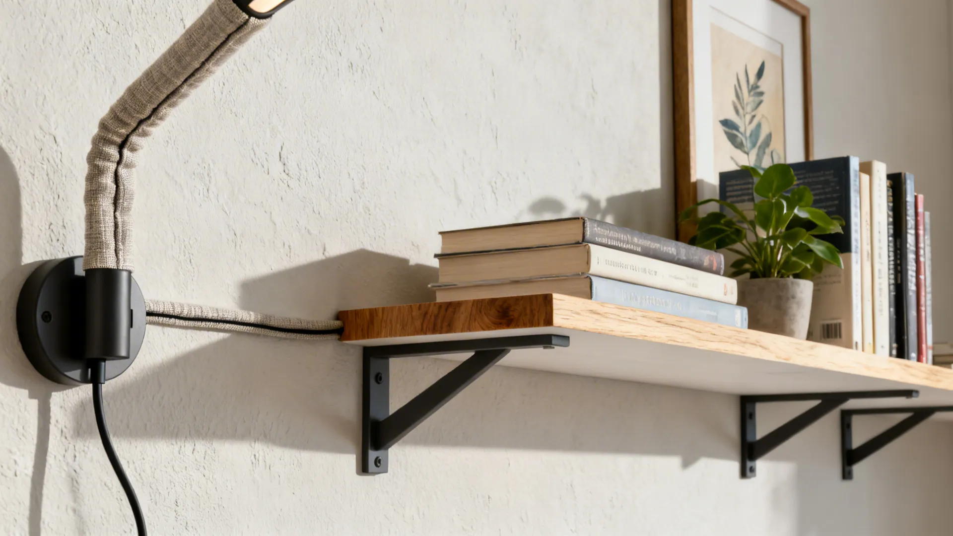 Close-up of a floating shelf with books and plant beside a wall-mounted lamp with hidden cord channel.