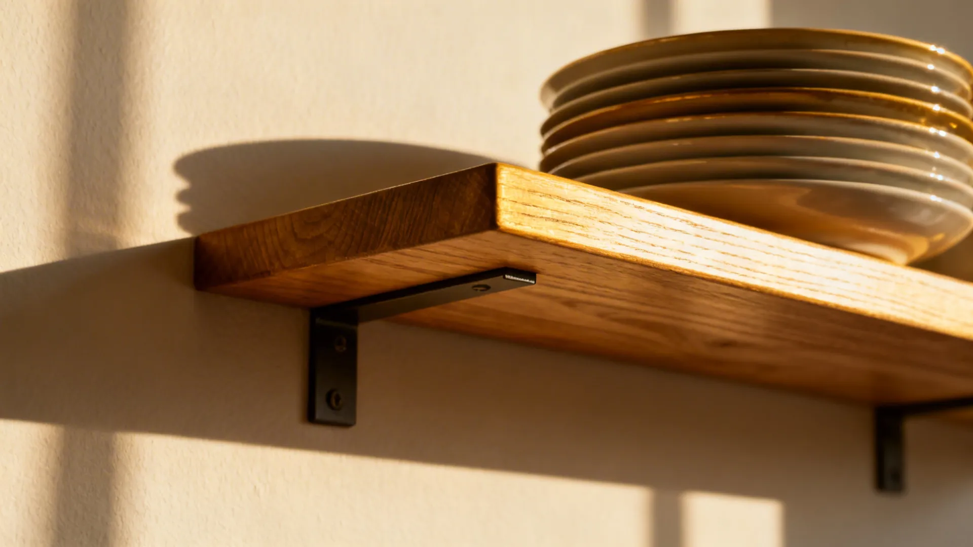 Macro of a sealed wood floating shelf with hidden bracket and stacked plates.