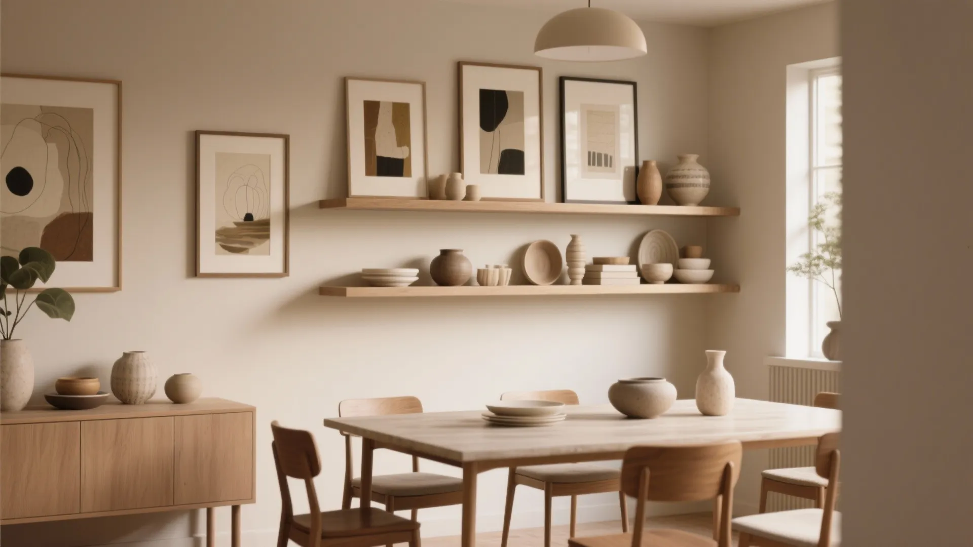 Modern dining room with wooden table, chairs, two floating shelves, pottery, wall art, and bright window