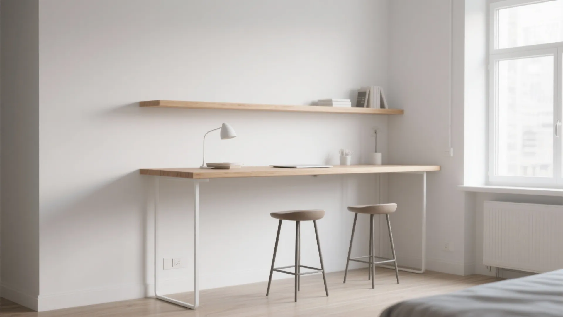 Minimalist home office area with long wooden floating desk two stools and simple wall shelf