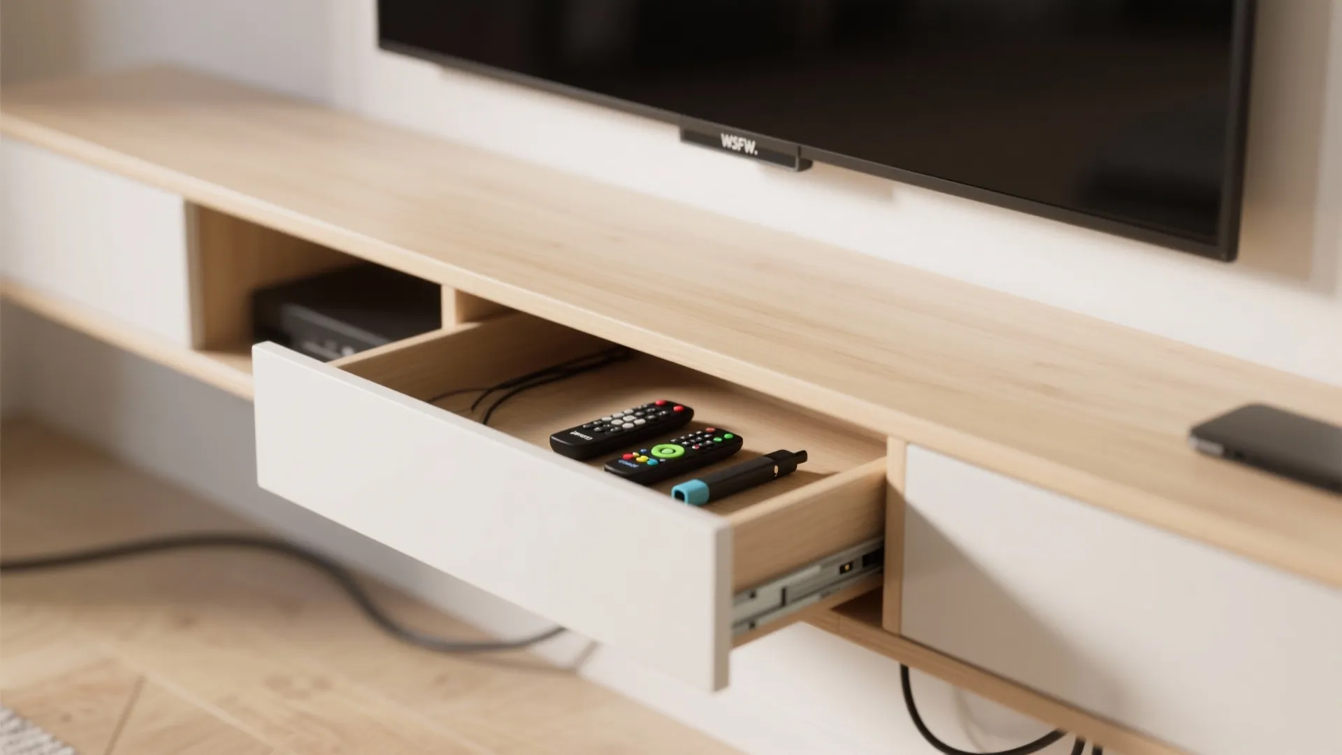 Floating Media Shelf with Hidden Drawer
