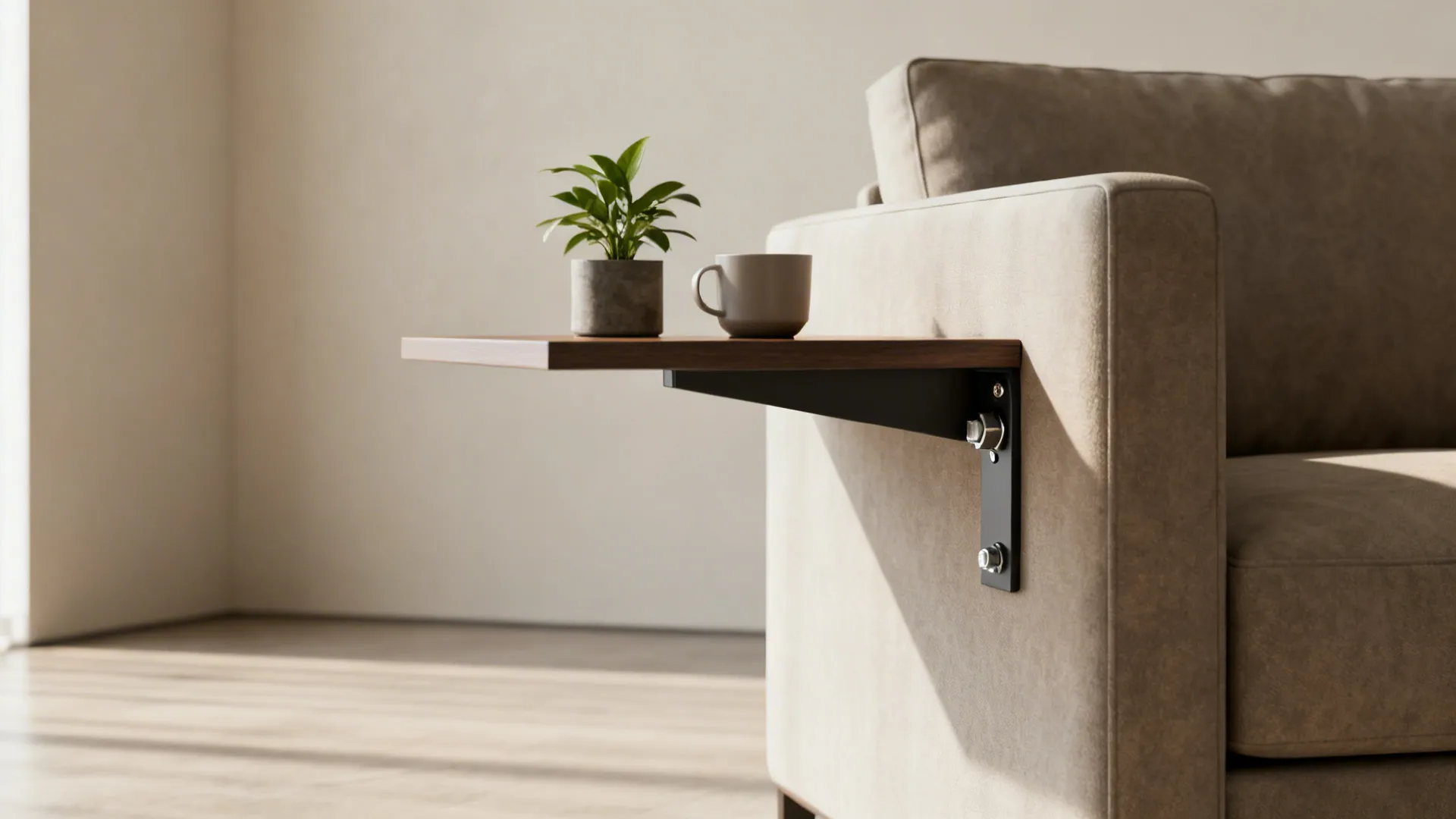 Floating shelf mounted at sofa-arm height serving as a minimalist end table with a plant and cup, showing anchor detail.