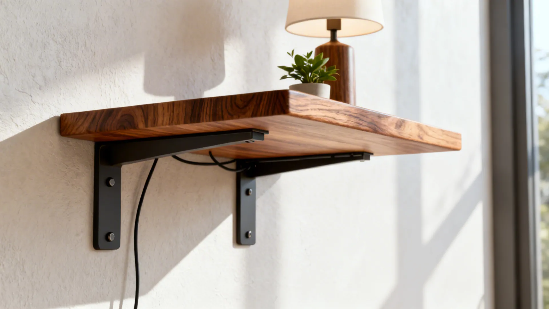 Wall-mounted floating shelf at arm height used as a minimalist end table with lamp.