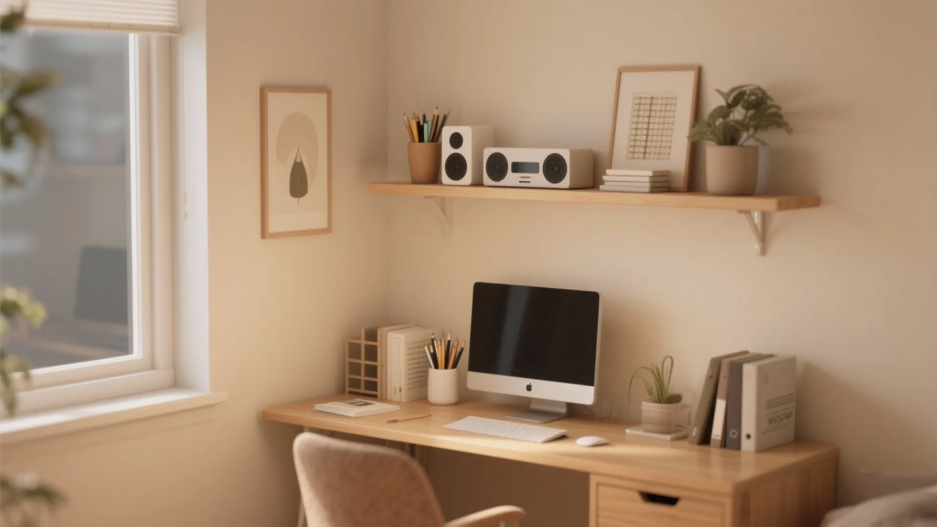 Minimalist home office workspace featuring wooden desk with computer keyboard and floating wall storage shelf