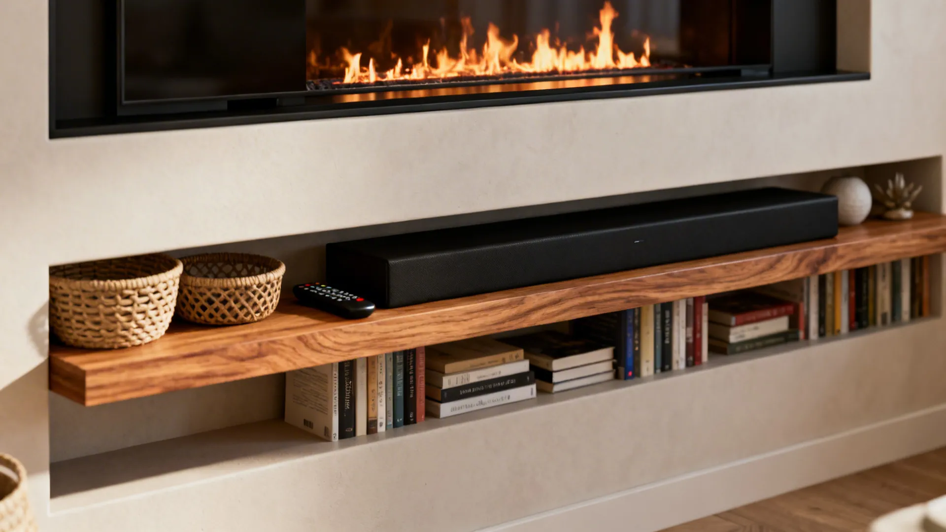 Slim floating media shelf framing a fireplace with baskets and curated books.
