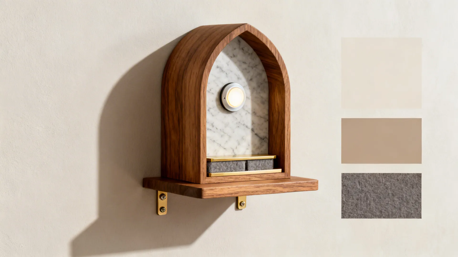 Flat lay of oak veneer, stone backer, brass accents, and LED puck for a floating shelf shrine.