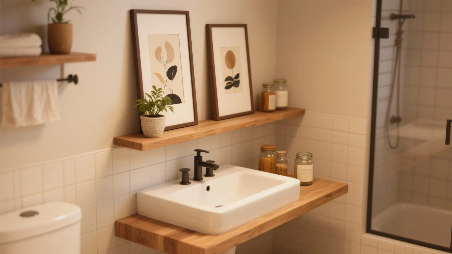 Bathroom wood floating shelf with framed plant art and white sink over a wooden counter