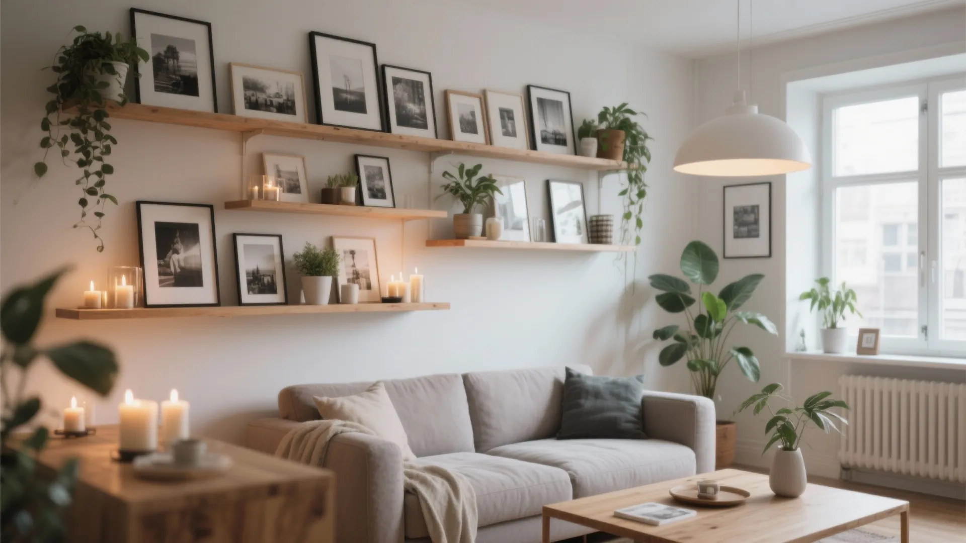 Floating shelves with photo frames, plants and candles