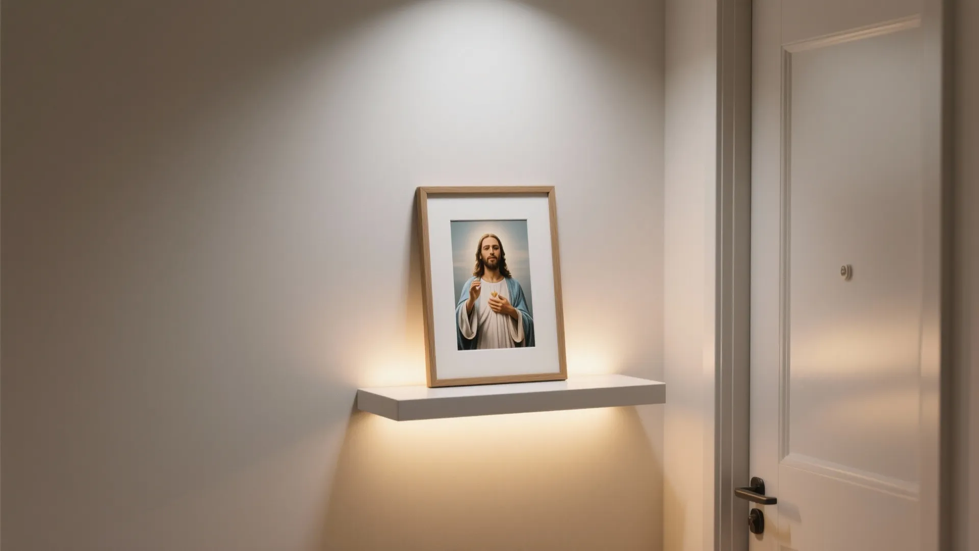 Framed picture on a white floating shelf with warm light next to a white door
