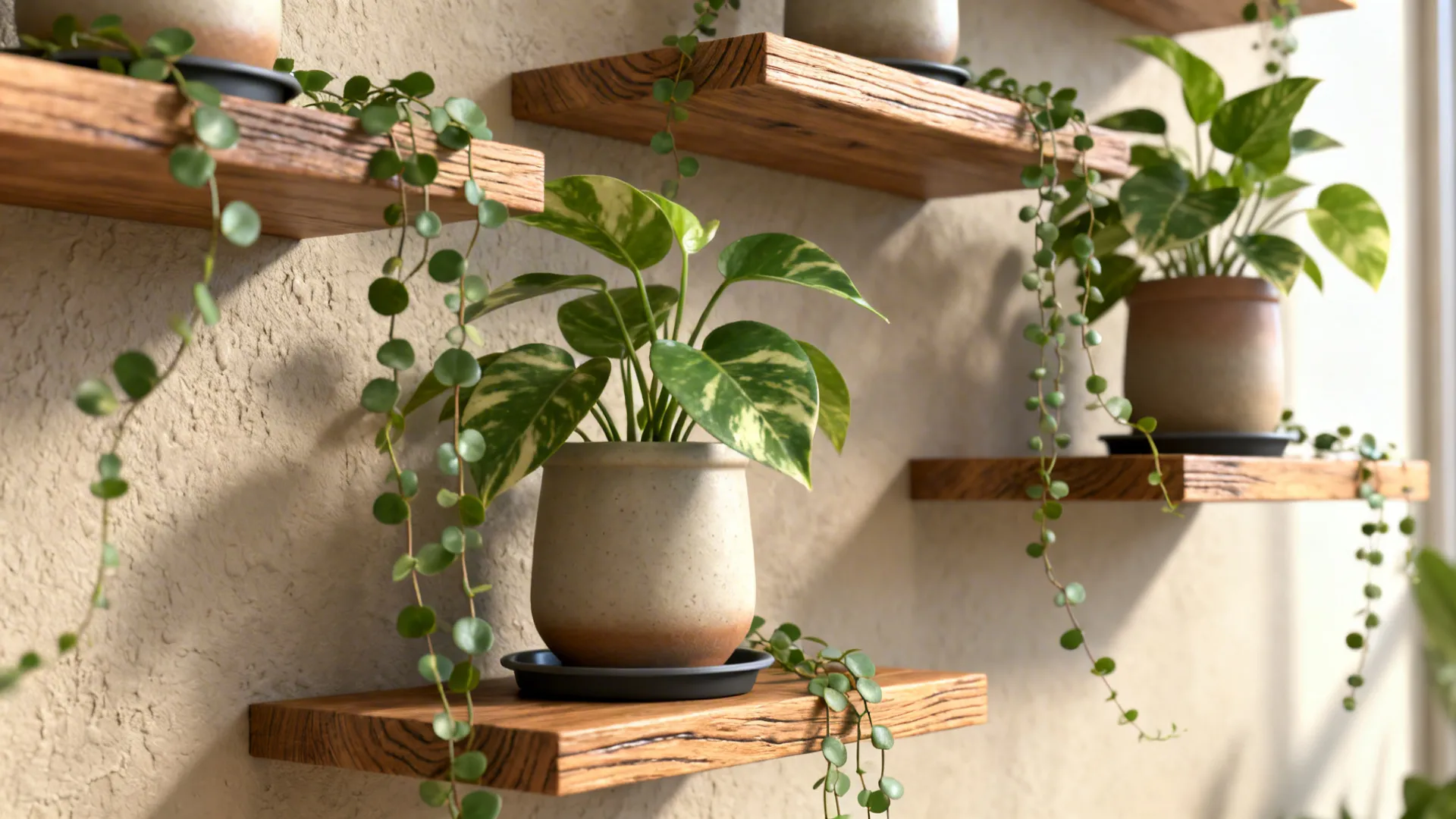 Staggered floating shelves with trailing pothos and waterproof trays, showing layered greenery without floor pots.